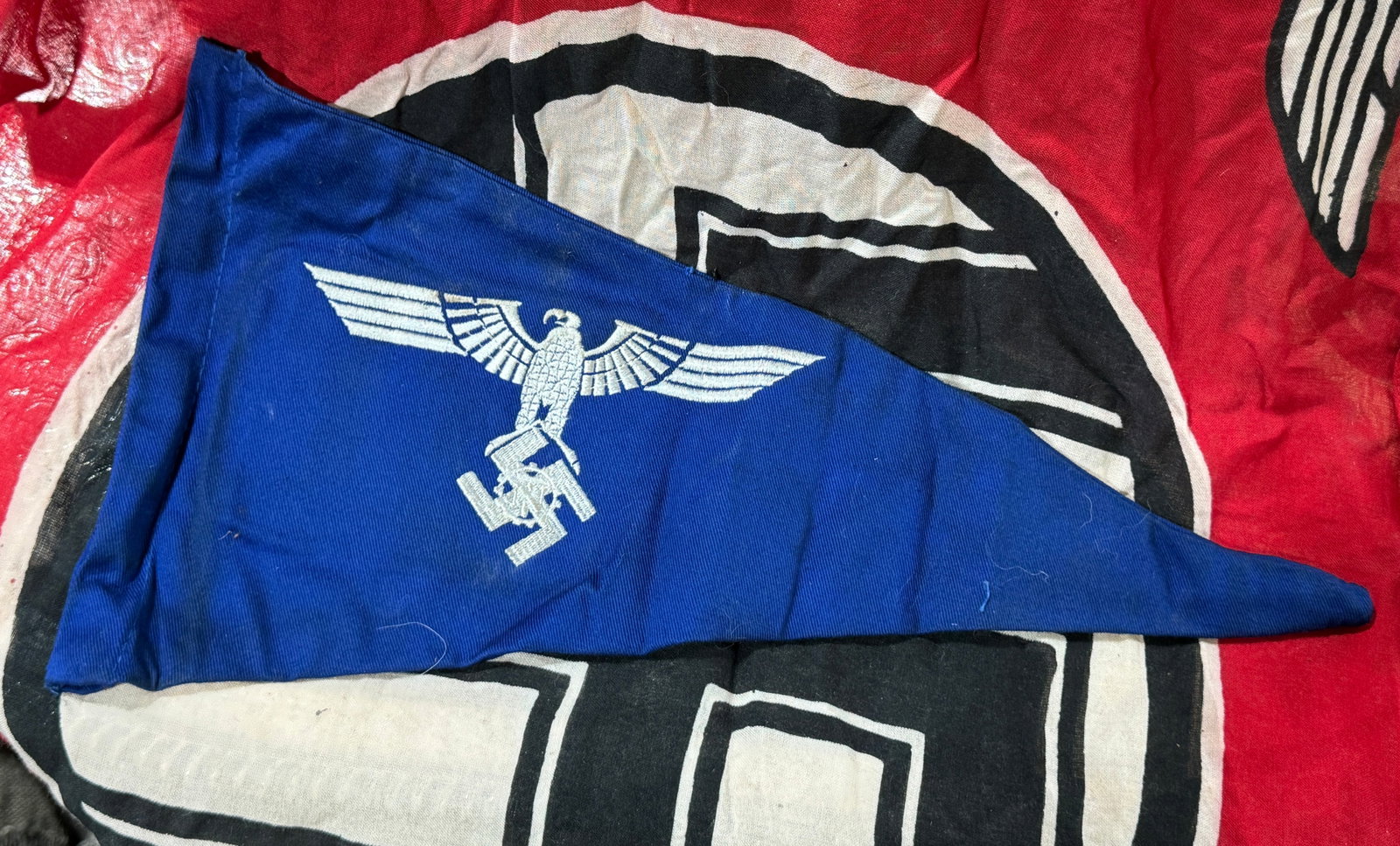 WW2 German TENO High Leaders Car Pennant: WW2 German TENO High Leaders Car Pennant. Cotton thread embroidered design. Shows good wear and use with a beautiful overall patina. Please view all detailed pictures. A very scarce example.