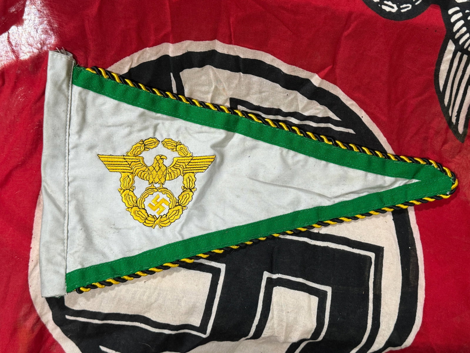WWII German Section Command State Police Vehicle Pennant: WWII German Section Command State Police Vehicle Pennant. A very rare find. Shows good wear and use with a beuatiful overall patina. Appers to be in action used shape and condition. Please view all de