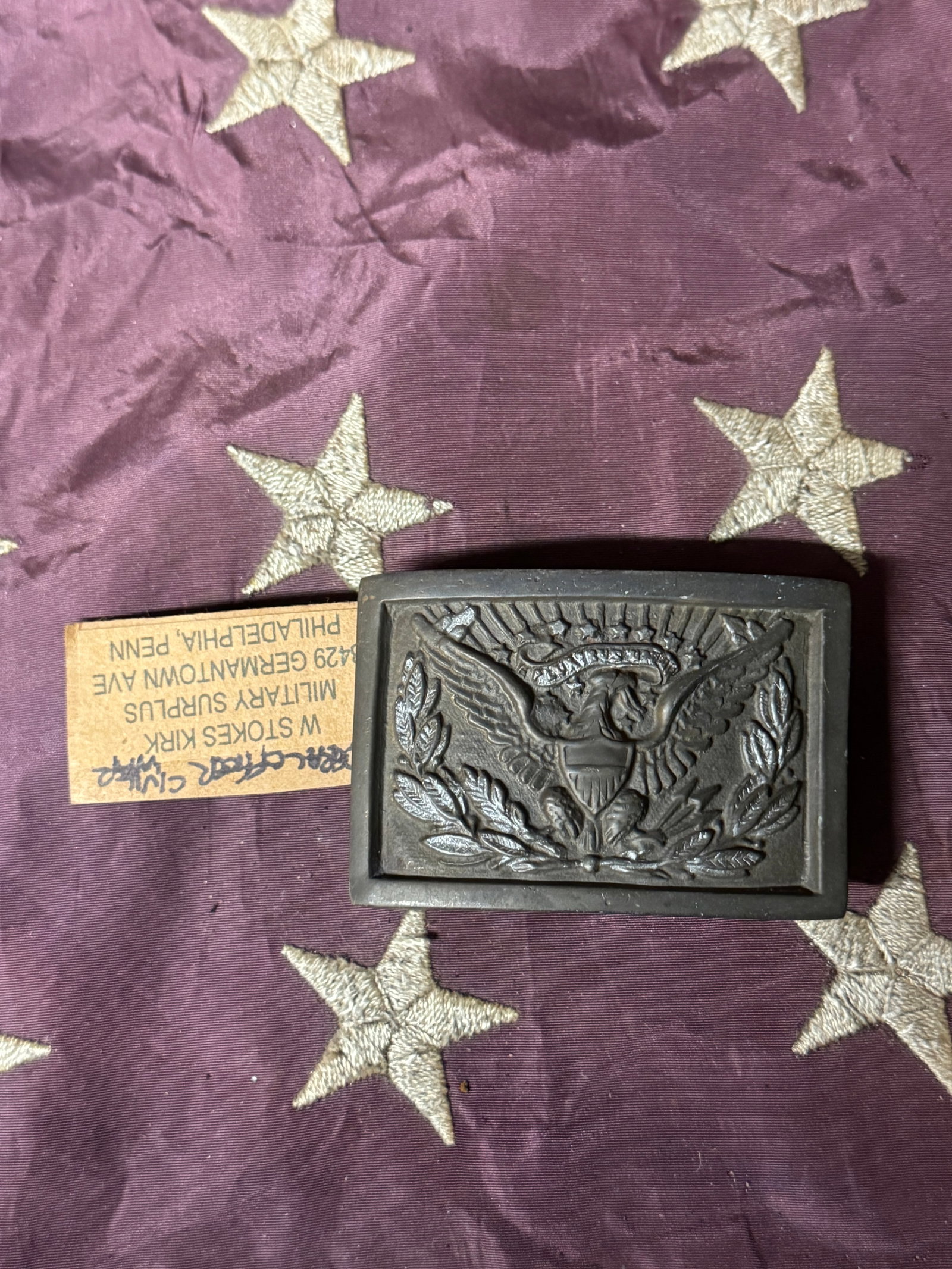 CIVIL WAR FEDERAL OFFICER CAVALRY BUCKLE BY W. STOKES KIRK: CIVIL WAR FEDERAL OFFICER CAVALRY BUCKLE BY W. STOKES KIRK. COMES WITH THE ORIGINAL TAG. PLEASE VIEW ALL DETAILED PICTURES. A SCARCE EXAMPLE.