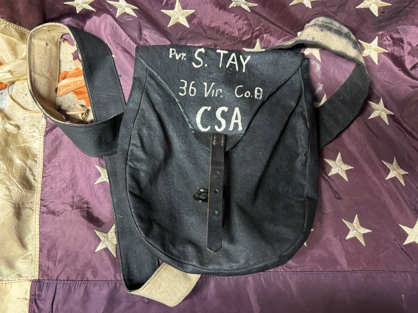 CIVIL WAR CONFEDERATE CSA PVT. S. TAY 36TH VIRGINIA CO. B HAVERSACK: CIVIL WAR CONFEDERATE CSA PVT. S. TAY 36TH VIRGINIA CO. B HAVERSACK. A RARE FIND. IT IS IN MINT OVERALL SHAPE AND CONDITION WITH A BEAUTIFUL OVERALL PATINA. PLEASE VIEW ALL DETAILED PICTURES. A RARE E