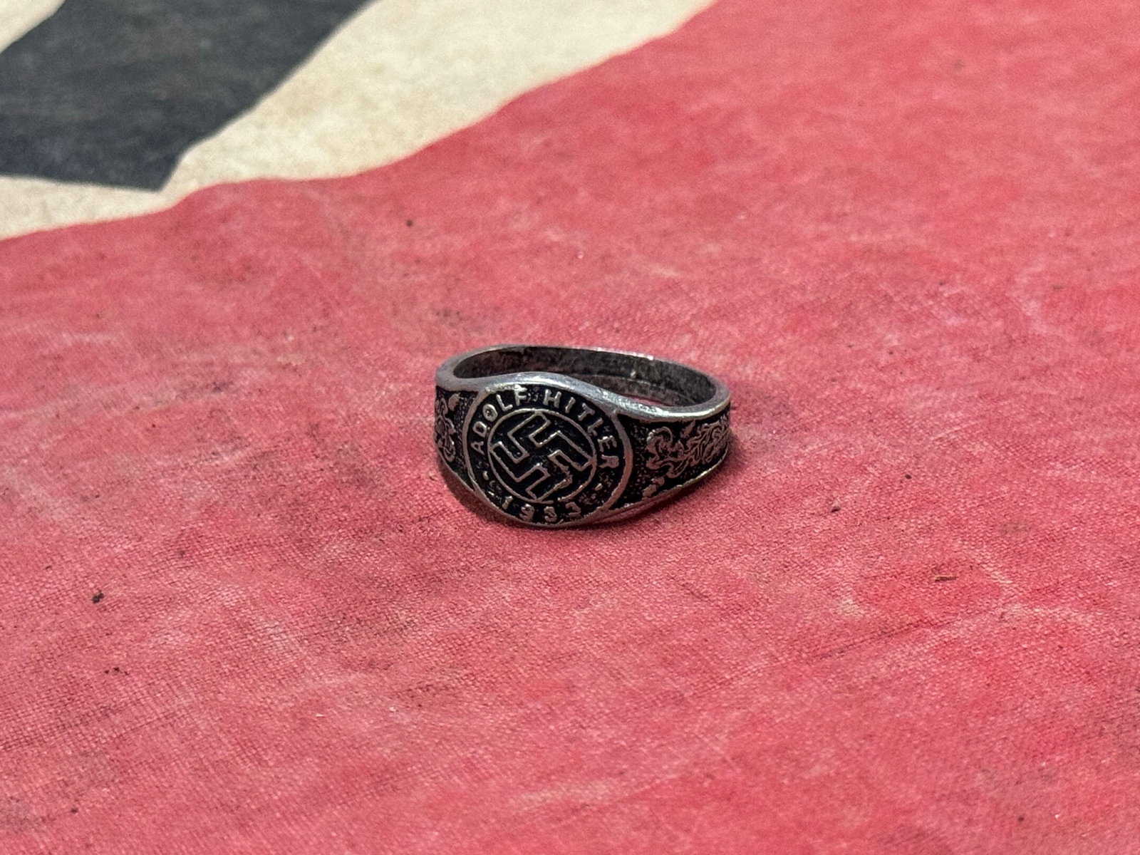 DATED 1932 WW2 GERMAN ADOLF HITLER SILVER OFFICER'S RING: DATED 1932 WW2 GERMAN ADOLF HITLER SILVER OFFICER'S RING. A VERY RARE FIND. SHOWS GOOD WEAR AND USE WITH A BEAUTIFUL OVERALL PATINA. PLEASE VIEW ALL DETAILED PICTURES. A VERY SCARCE EXAMPLE.