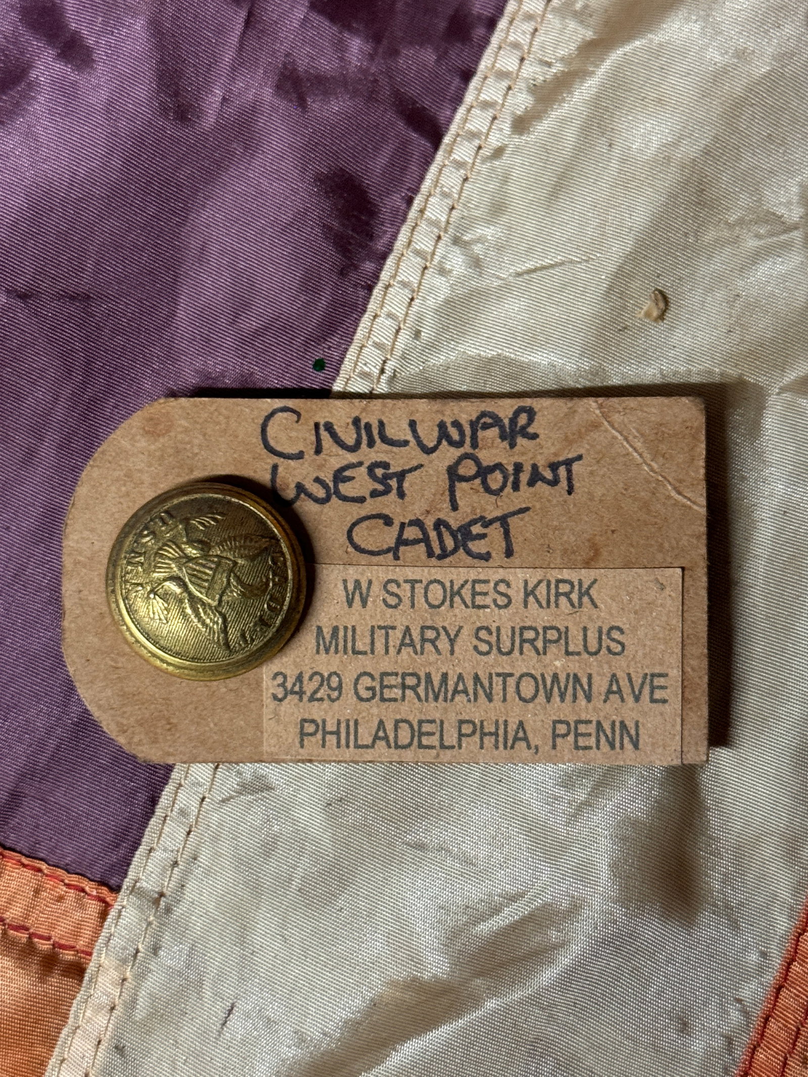 CIVIL WAR WEST POINT CADET BUTTON BY W. STOKES KIRK: CIVIL WAR WEST POINT CADET BUTTON BY W. STOKES KIRK. A VERY RARE FIND. SHOWS GOOD WEAR AND USE WITH A BEAUTIFUL OVERALL PATINA. HAS A GREAT LOOK TO IT WITH AN EXCELLENT OVERALL EYE APPEAL. PLEASE VIEW