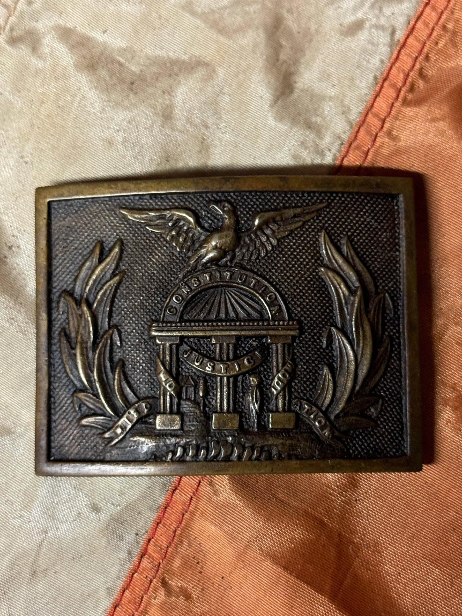 DATED 1864 C.S. CIVIL WAR GEORGIA SOUTHERN REBEL BELT PLATE BUCKLE: DATED 1864 C.S. CIVIL WAR GEORGIA SOUTHERN REBEL BELT PLATE BUCKLE. A VERY RARE FIND. SHOWS GOOD WEAR AND USE WITH A BEAUTIFUL OVERALL PATINA. HAS A GREAT LOOK TO IT WITH AN EXCELLENT OVERALL EYE APPE