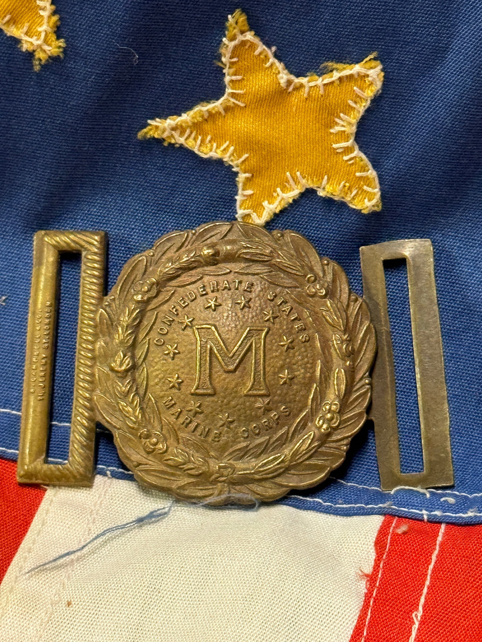 CIVIL WAR CONFEDERATE STATES MARINE CORPS BELT BUCKLE BY HAYDEN & WHILDON 1863 CHARLESTON, SC: CIVIL WAR CONFEDERATE STATES MARINE CORPS BELT BUCKLE BY HAYDEN & WHILDON 1863 CHARLESTON, SC. A VERY RARE FIND. SHOWS GOOD WEAR AND USE WITH A BEAUTIFUL OVERALL PATINA. HAS A GREAT LOOK TO IT WITH AN