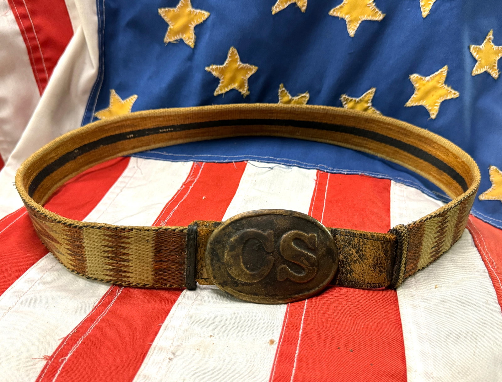 SCARCE CIVIL WAR CONFEDERATE C.S. SOUTHERN REBEL BELT AND BUCKLE: SCARCE CIVIL WAR CONFEDERATE C.S. SOUTHERN REBEL BELT AND BUCKLE. A VERY RARE FIND. SHOWS GOOD WEAR AND USE WITH A BEAUTIFUL OVERALL PATINA. HAS A GREAT LOOK TO IT WITH AN EXCELLENT OVERALL EYE APPEAL