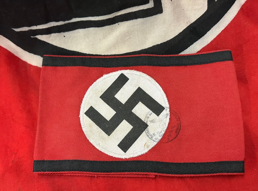 WW2 GERMAN ALLGEMEINE SS TOTENKOPF ARMBAND WITH INSPECTION STAMP AND RZM PAPER TAG: WW2 GERMAN ALLGEMEINE SS TOTENKOPF ARMBAND WITH INSPECTION STAMP AND RZM PAPER TAG. A RARE FIND. SHOWS GOOD WEAR AND USE WITH A BEAUTIFUL OVERALL PATINA. PLEASE VIEW ALL DETAILED PICTURES. A VERY RARE