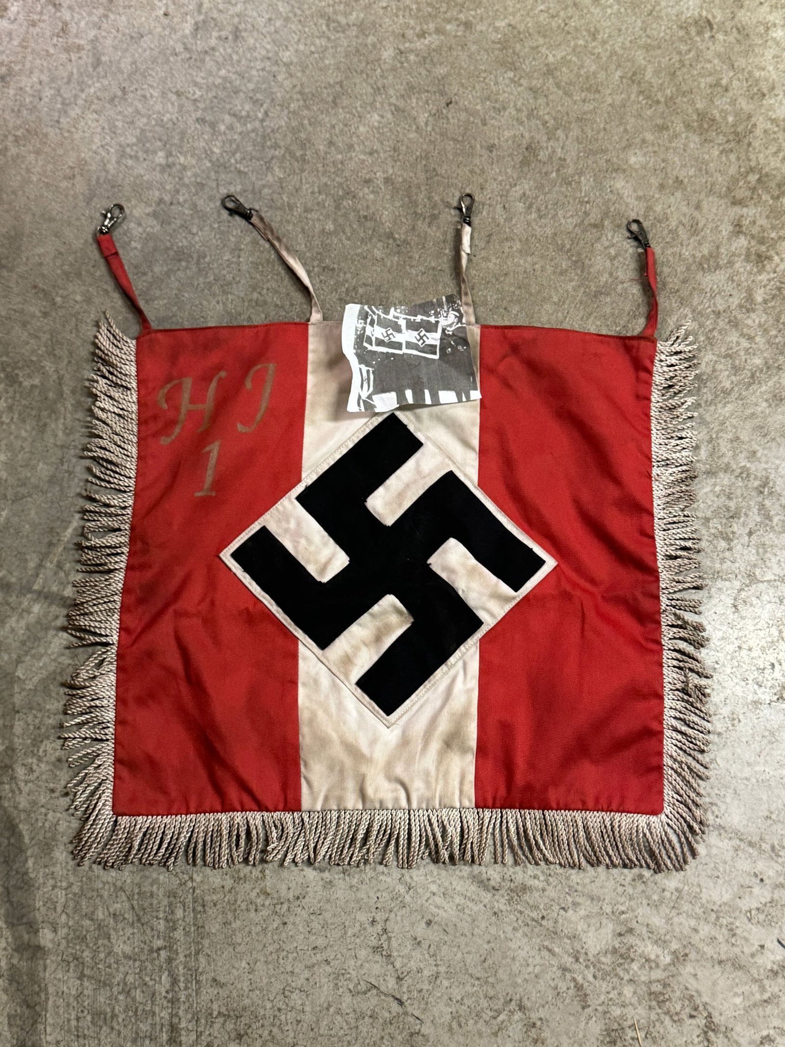 RARE WW2 GERMAN HITLER YOUTH TRUMPET BANNER WITH RZM PAPER TAG: RARE WW2 GERMAN HITLER YOUTH TRUMPET BANNER WITH RZM PAPER TAG. A VERY SCARCE EXAMPLE THAT IS IN MINT OVERALL SHAPE AND CONDITION WITH A BEUATIFUL OVERALL PATINA. SHOWS GOOD WEAR AND USE. PLEASE VIEW 