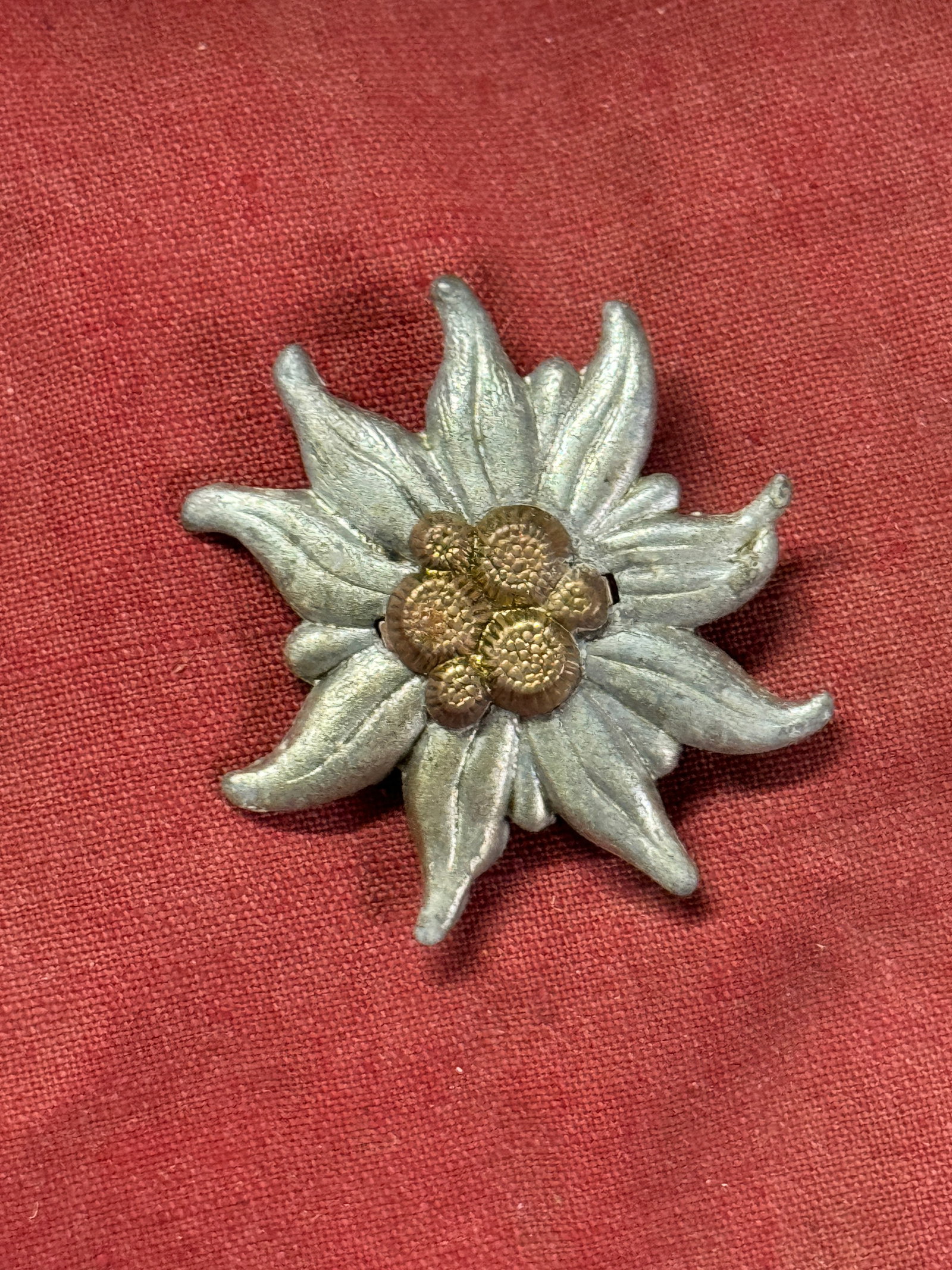 WW2 GERMAN MOUNTAIN TROOPS EDELWEISS CAP PIN: WW2 GERMAN MOUNTAIN TROOPS EDELWEISS CAP PIN. A VERY SCARCE ITEM. SHOWS GOOD WEAR AND USE. PLEASE VIEW ALL DETAILED PICTURES. A SCARCE ITEM.