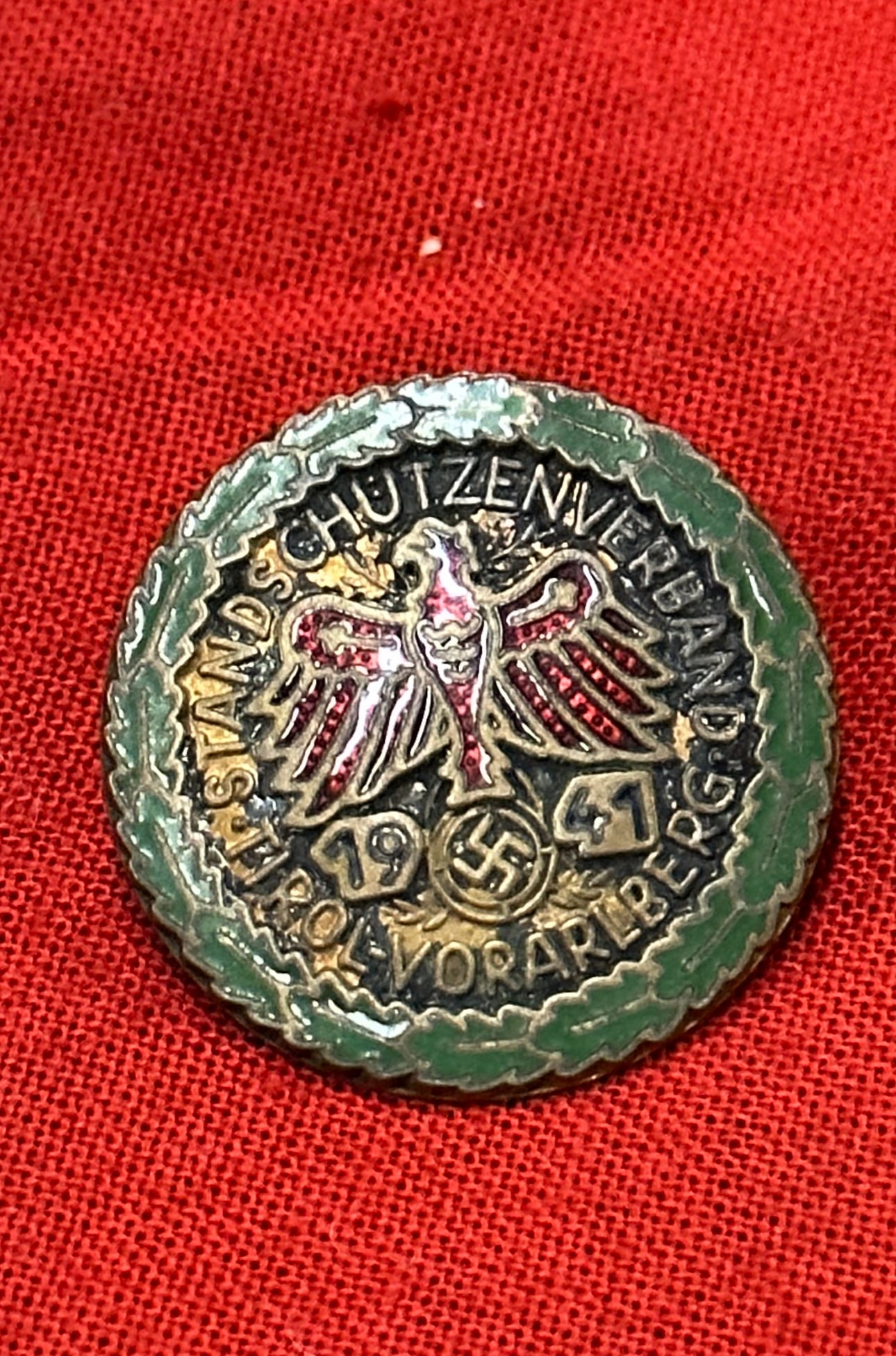 WW2 German 1943 Tirolean Shooting Badge: WW2 German 1943 Tirolean Shooting Badge. 2.5 cm diameter. Awarded in the Tyrol region of the Alps where shooting clubs were called upon in times of war as fighting units.