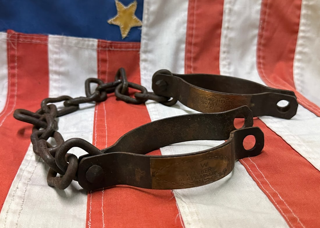 DATED 1806 W.W. WILBER SLAVE SERVANT SHACKLES LOT #35: DATED 1806 W.W. WILBER SLAVE SERVANT SHACKLES LOT #35. A VERY RARE EXAMPLE. SHOWS GOOD WEAR AND HEAVY USE WITH A BEAUTIFUL OVERALL PATINA. MARKED WITH THE LOT NUMBER, ETC. PLEASE VIEW ALL DETAILED PIC