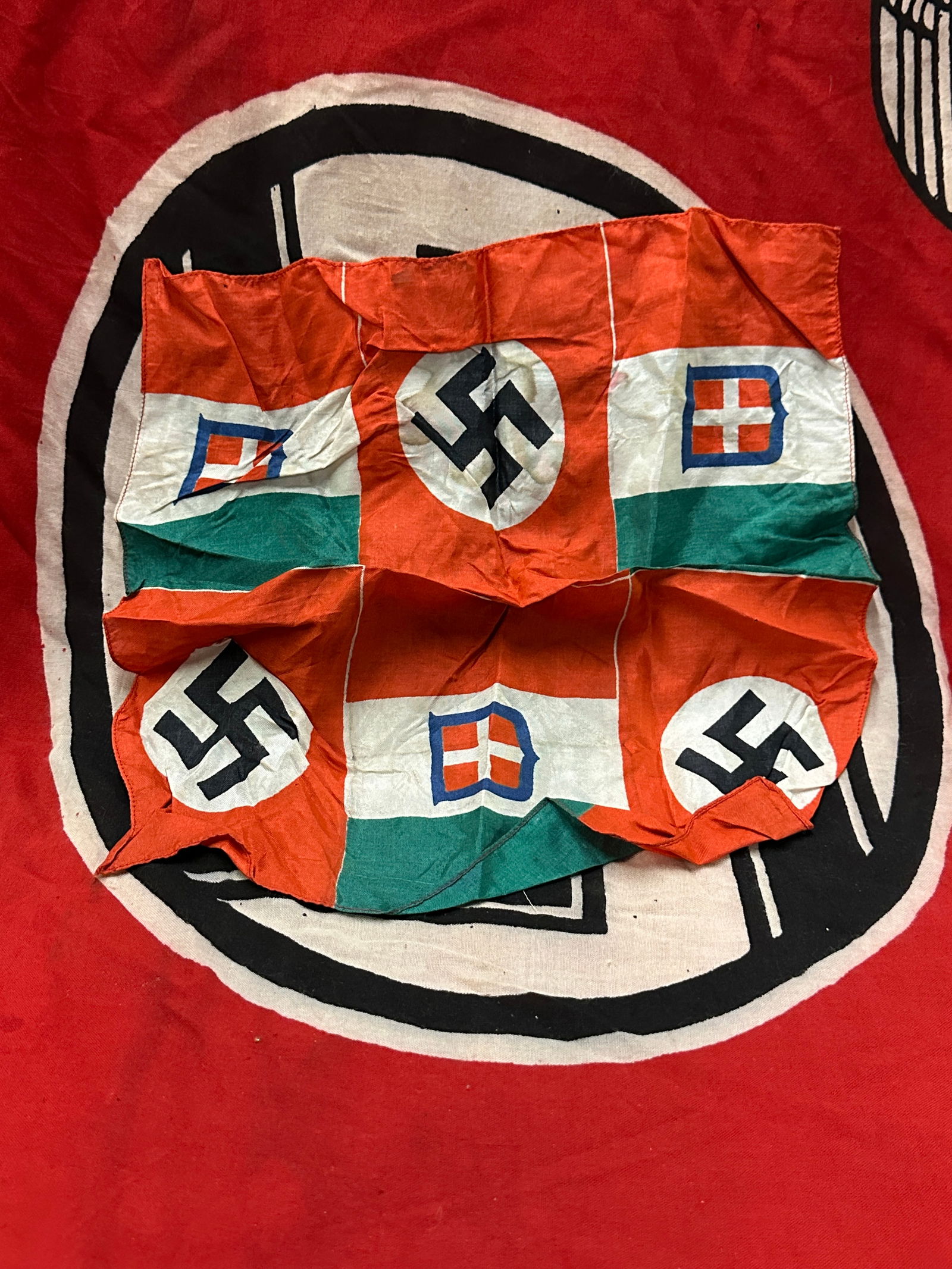 WW2 German NSDAP & Italian Axis Alliance Flag Silk Handkerchief: WW2 German NSDAP & Italian Axis Alliance Flag Silk Handkerchief. Shows good wear and use with a beautiful overall patina. Please view all detailed pictures. A scarce example.