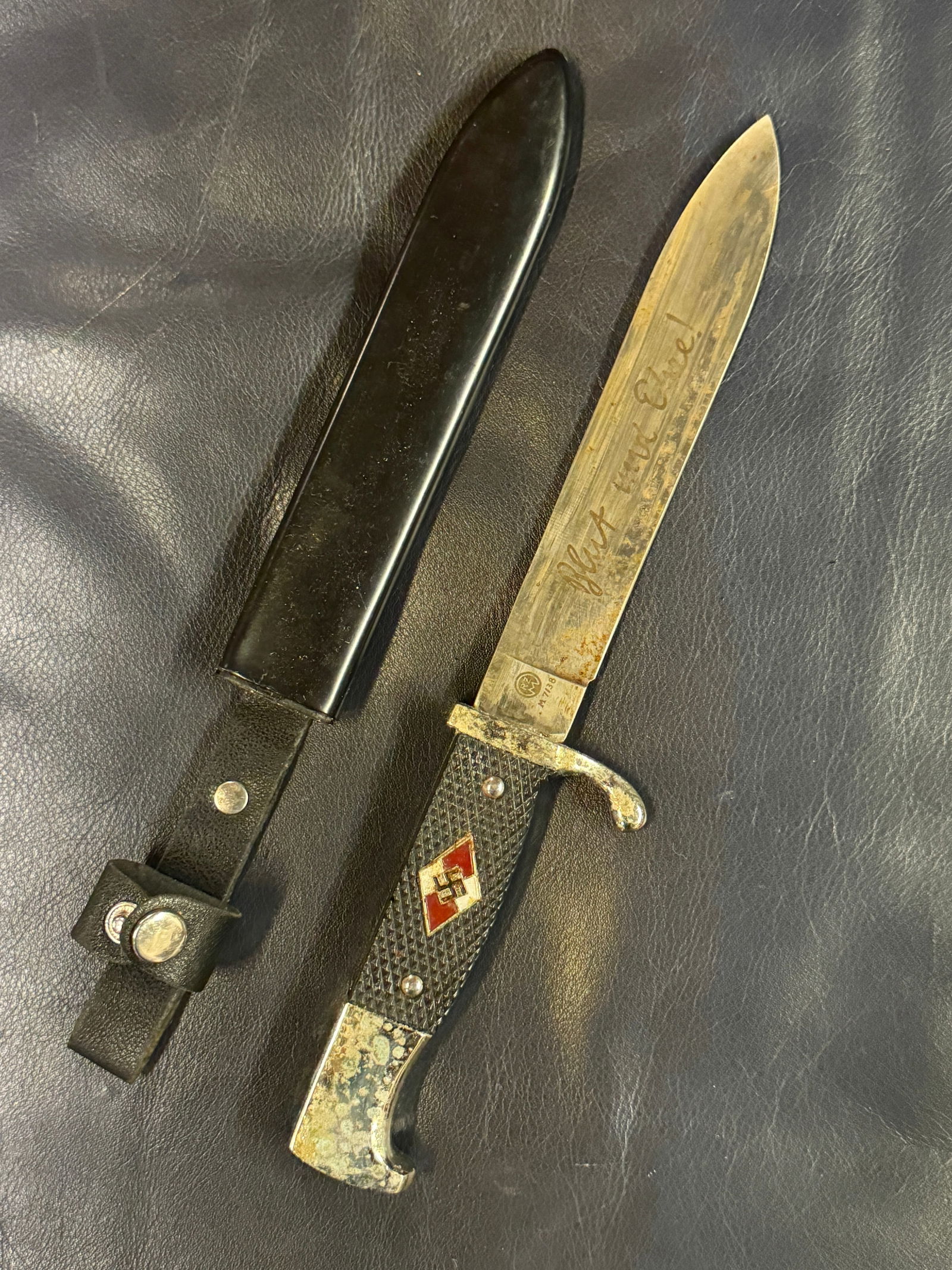 WW2 GERMAN HITLER YOUTH DAGGER BY RZM M7/38 "BLUT UND EHRE": WW2 GERMAN HITLER YOUTH DAGGER BY RZM M7/38 "BLUT UND EHRE". AN ULTRA RARE FIND THAT IS IN MINT OVERALL SHAPE AND CONDITION WITH A BEAUTIFUL OVERALL PATINA. SHOWS GOOD WEAR AND USE. COMES WITH THE ORI