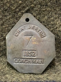 DATED 1852 CHARLESTON #7 COACHMAN SLAVE TAG SERVENT ID