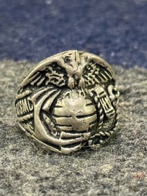 Early 1930s USMC China Marine Ring Droop Wing EGA in Sterling by Kinney