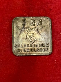 WWII WW2 GERMAN SOLDATENHEIM ST HELIER 3 RM REICHSMARK COIN CURRENCY