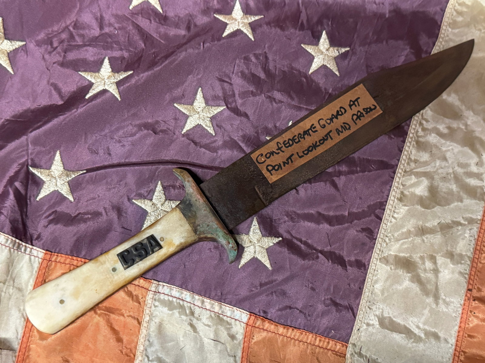 CIVIL WAR CONFEDERATE CSA BOWIE KNIFE WORN BY GUARD AT POINT LOOKOUT, MARYLAND PRISON: CIVIL WAR CONFEDERATE CSA BOWIE KNIFE WORN BY GUARD AT POINT LOOKOUT, MARYLAND PRISON. A VERY RARE FIND. SHOWS GOOD WEAR AND USE WITH A BEAUTIFUL OVERALL PATINA. HAS A GREAT LOOK TO IT WITH AN EXCELLE