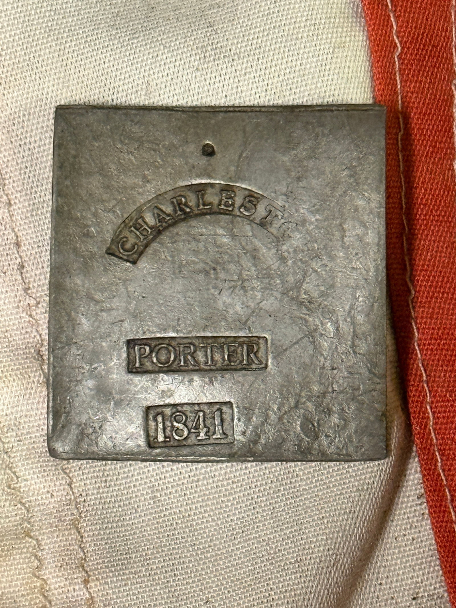 DATED 1841 CHARLESTON PORTER SLAVE TAG SERVANT ID: DATED 1841 CHARLESTON PORTER SLAVE TAG SERVANT ID. AN ULTRA RARE FIND THAT IS IN MINT OVERALL SHAPE AND CONDITION WITH A BEAUTIFUL OVERALL PATINA. SHOWS GOOD WEAR AND USE. PLEASE VIEW ALL DETAILED PIC