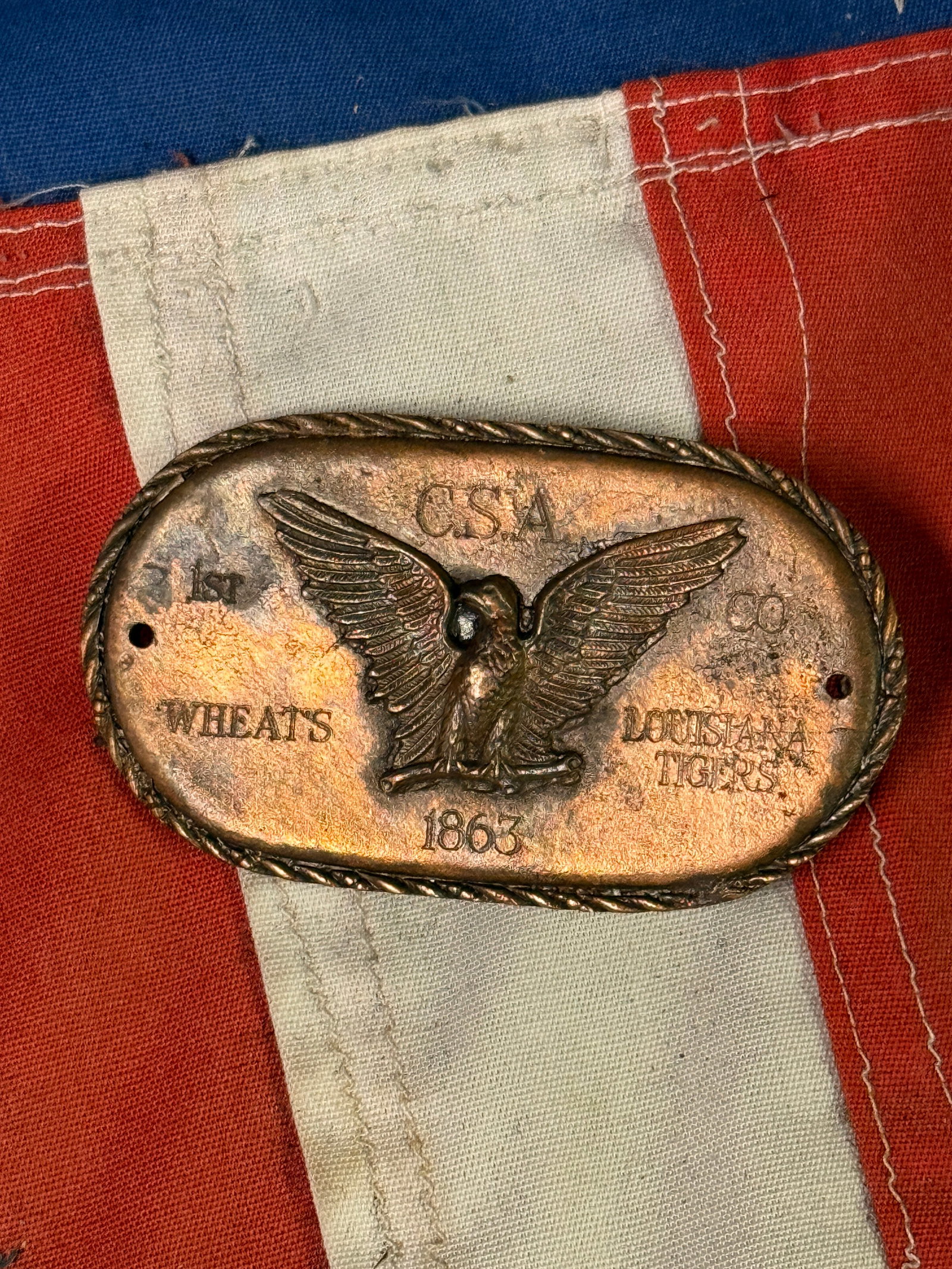 DATED 1863 CIVIL WAR CONFEDERATE CSA LOUISIANA TIGERS PLATE: DATED 1863 CIVIL WAR CONFEDERATE CSA LOUISIANA TIGERS PLATE. AN ULTRA RARE FIND THAT IS IN MINT OVERALL SHAPE AND CONDITION WITH A BEAUTIFUL OVERALL PATINA. SHOWS GOOD WEAR AND USE. PLEASE VIEW ALL DE