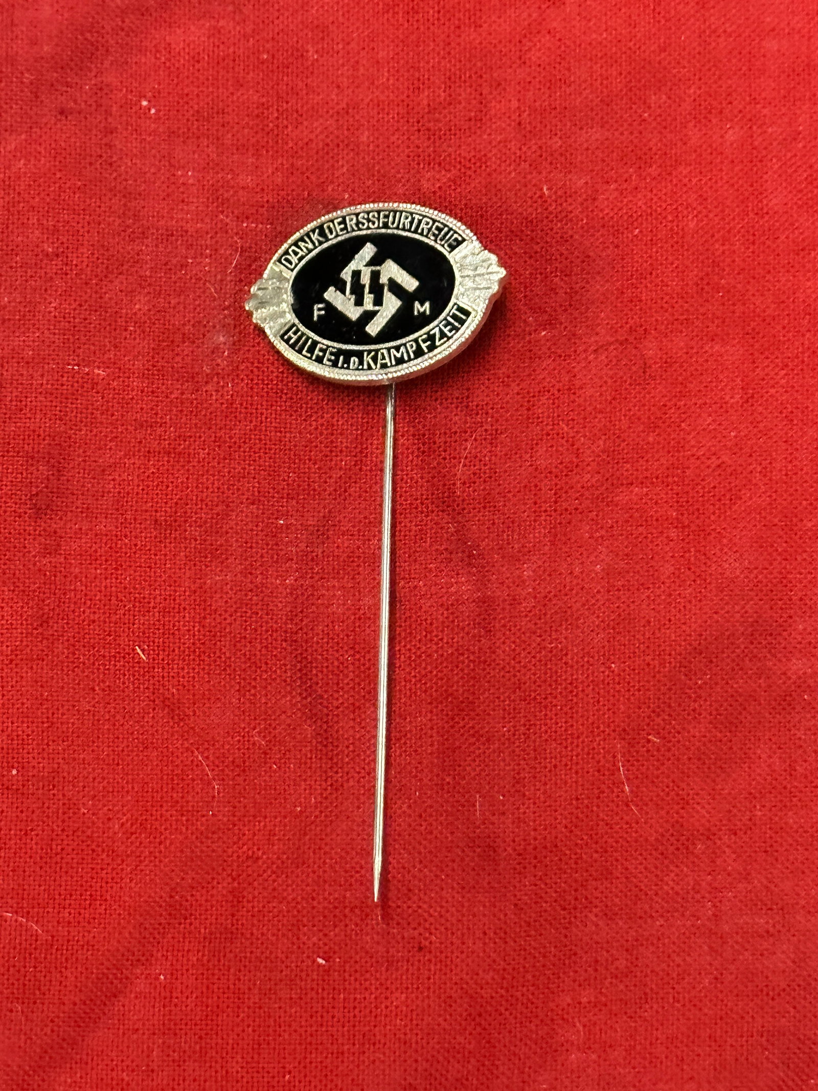 RARE WW2 GERMAN WAFFEN SS FM HONOR STICKPIN BY RZM GES. GESCH. 831: RARE WW2 GERMAN WAFFEN SS FM HONOR STICKPIN BY RZM GES. GESCH. 831. A SCARCE EXAMPLE THAT IS IN MINT OVERALL SHAPE AND CONDITION WITH A BEAUTIFUL OVERALL PATINA. SHOWS GOOD WEAR AND USE. A SCARCE EXAM