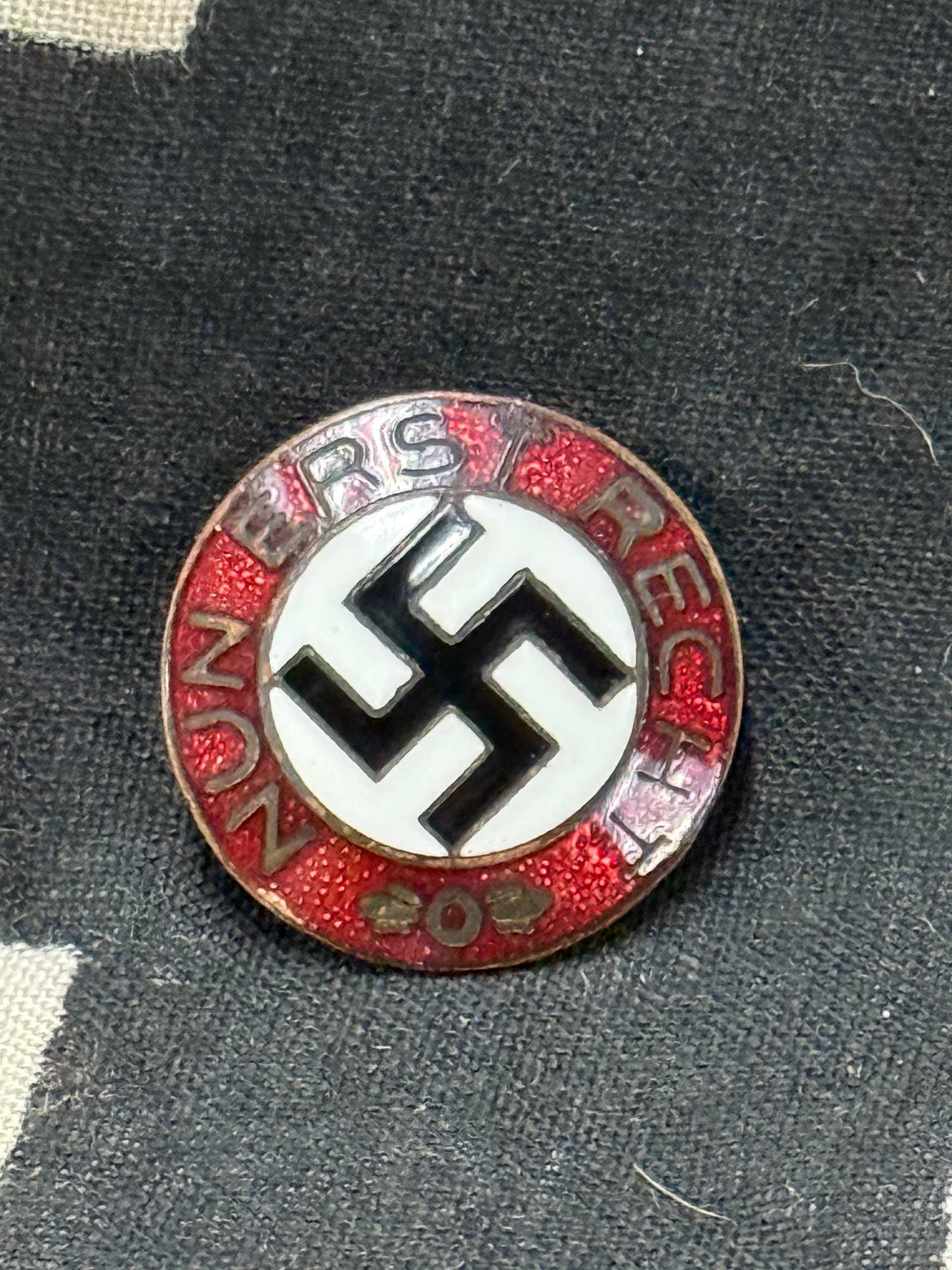 WW2 GERMAN NUN ERST RECHT LAPEL ENAMELED PIN BADGE BY RZM M1/4 GES. GESCH.: WW2 GERMAN NUN ERST RECHT LAPEL ENAMELED PIN BADGE BY RZM M1/4 GES. GESCH. A very scarce example that is in mint overall shape and condition with a beautiful overall patina. A rare find.