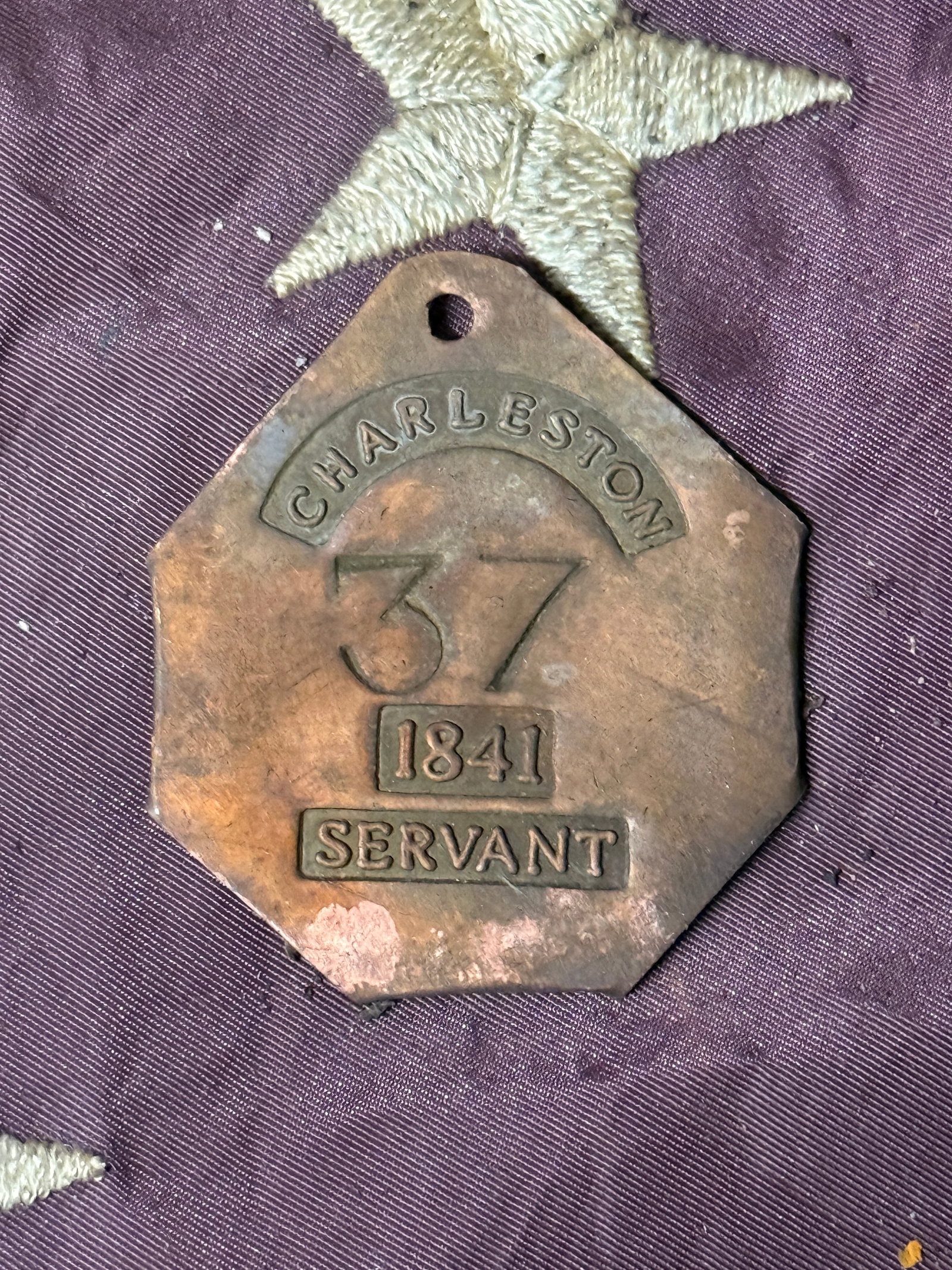 DATED 1841 #37 CHARLESTON SERVANT SLAVE TAG: DATED 1841 #37 CHARLESTON SERVANT SLAVE TAG. A VERY RARE FIND. IT IS IN MINT OVERALL SHAPE AND CONDITION WITH A BEAUTIFUL OVERALL PATINA. SHOWS GOOD WEAR AND USE WITH AN EVEN PATINA THROUGHOUT. PLEASE