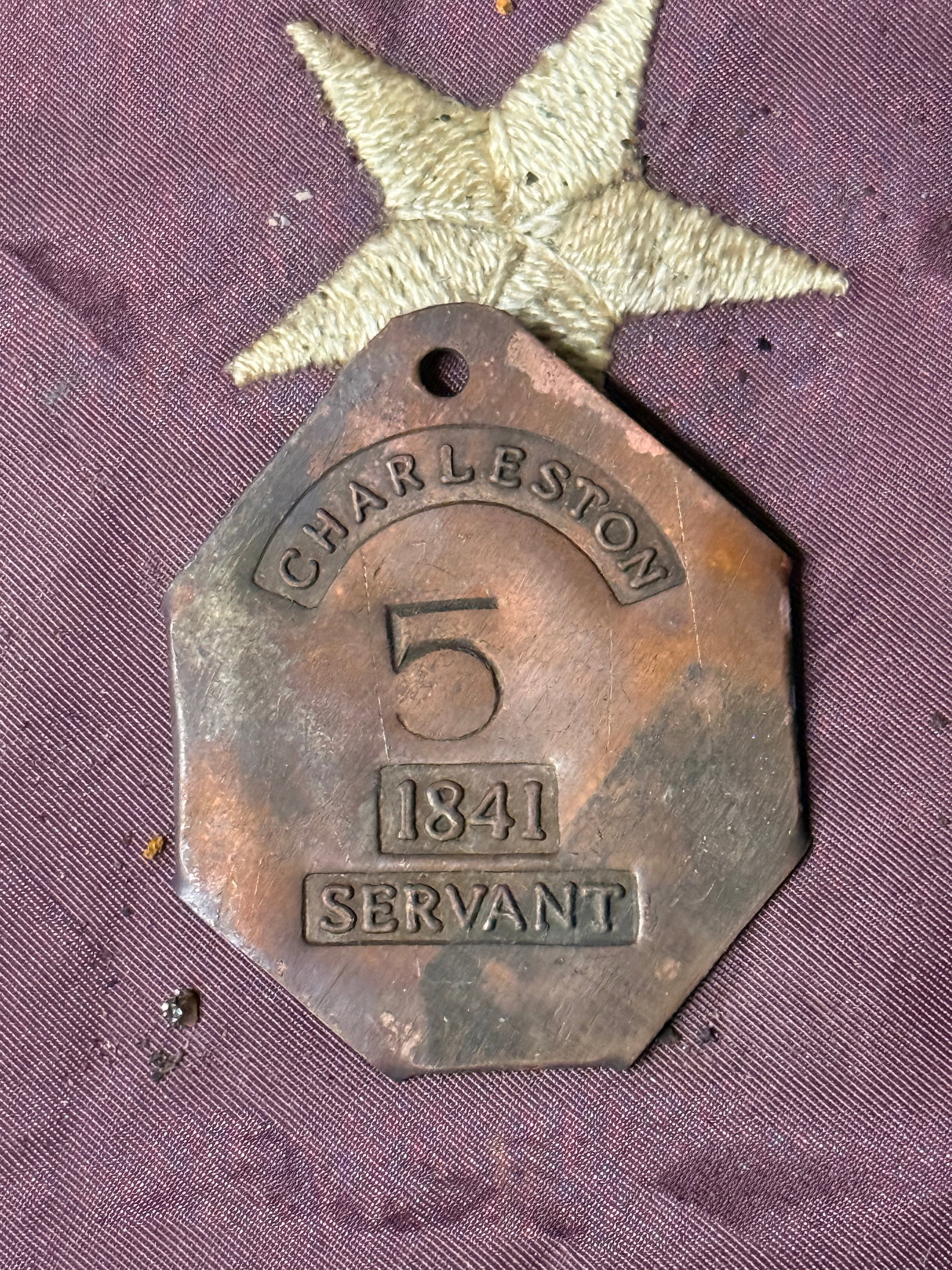 DATED 1841 #5 CHARLESTON SERVANT SLAVE TAG ID: DATED 1841 #5 CHARLESTON SERVANT SLAVE TAG ID. A VERY RARE FIND. IT IS IN MINT OVERALL SHAPE AND CONDITION WITH A BEAUTIFUL OVERALL PATINA. SHOWS GOOD WEAR AND USE WITH AN EVEN PATINA THROUGHOUT. PLEA