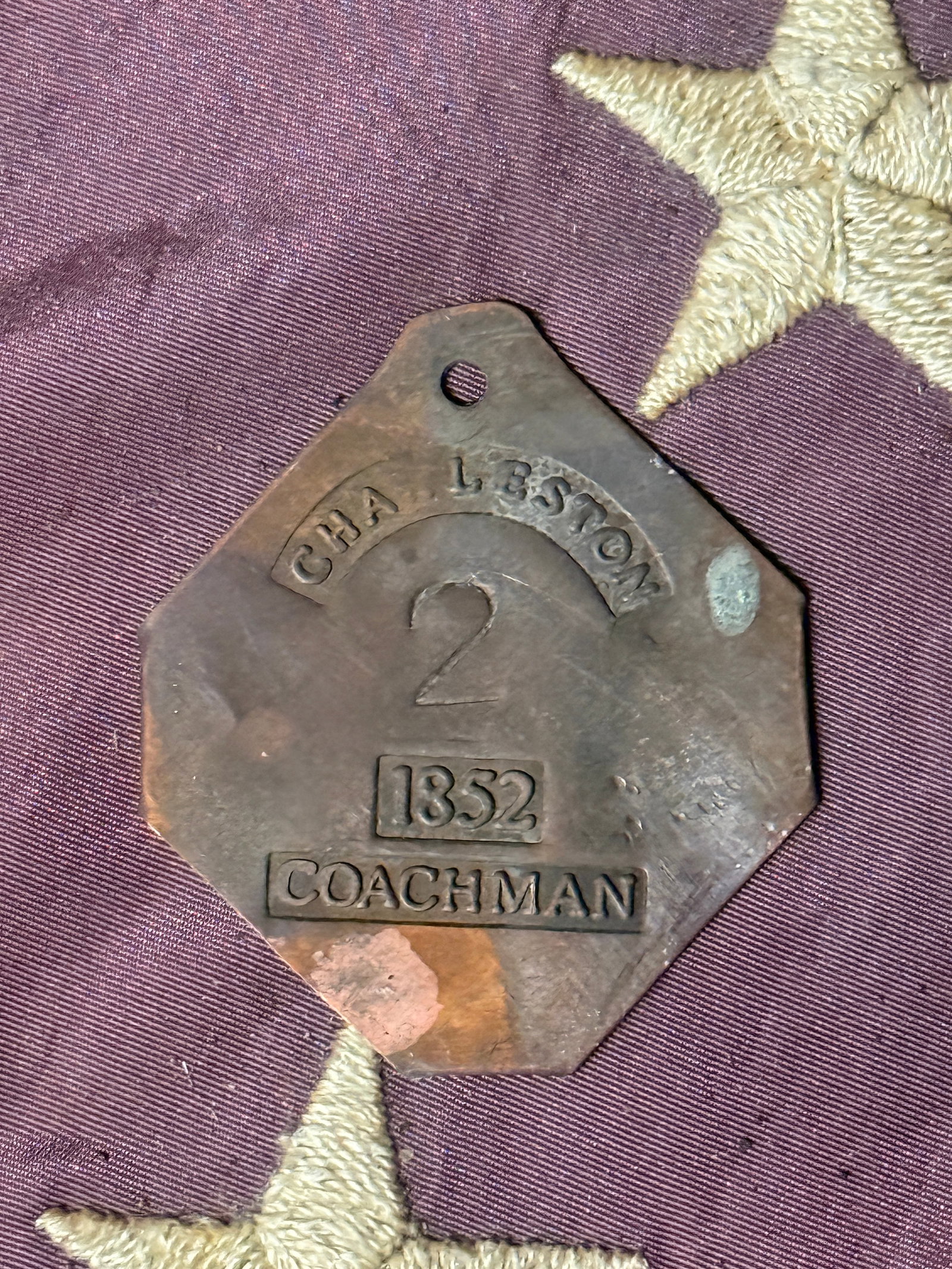 DATED 1852 CHARLESTON #2 SERVANT SLAVE TAG ID COACHMAN: DATED 1852 CHARLESTON #2 SERVANT SLAVE TAG ID COACHMAN. A VERY RARE FIND. IT IS IN MINT OVERALL SHAPE AND CONDITION WITH A BEAUTIFUL OVERALL PATINA. SHOWS GOOD WEAR AND USE WITH AN EVEN PATINA THROUGH