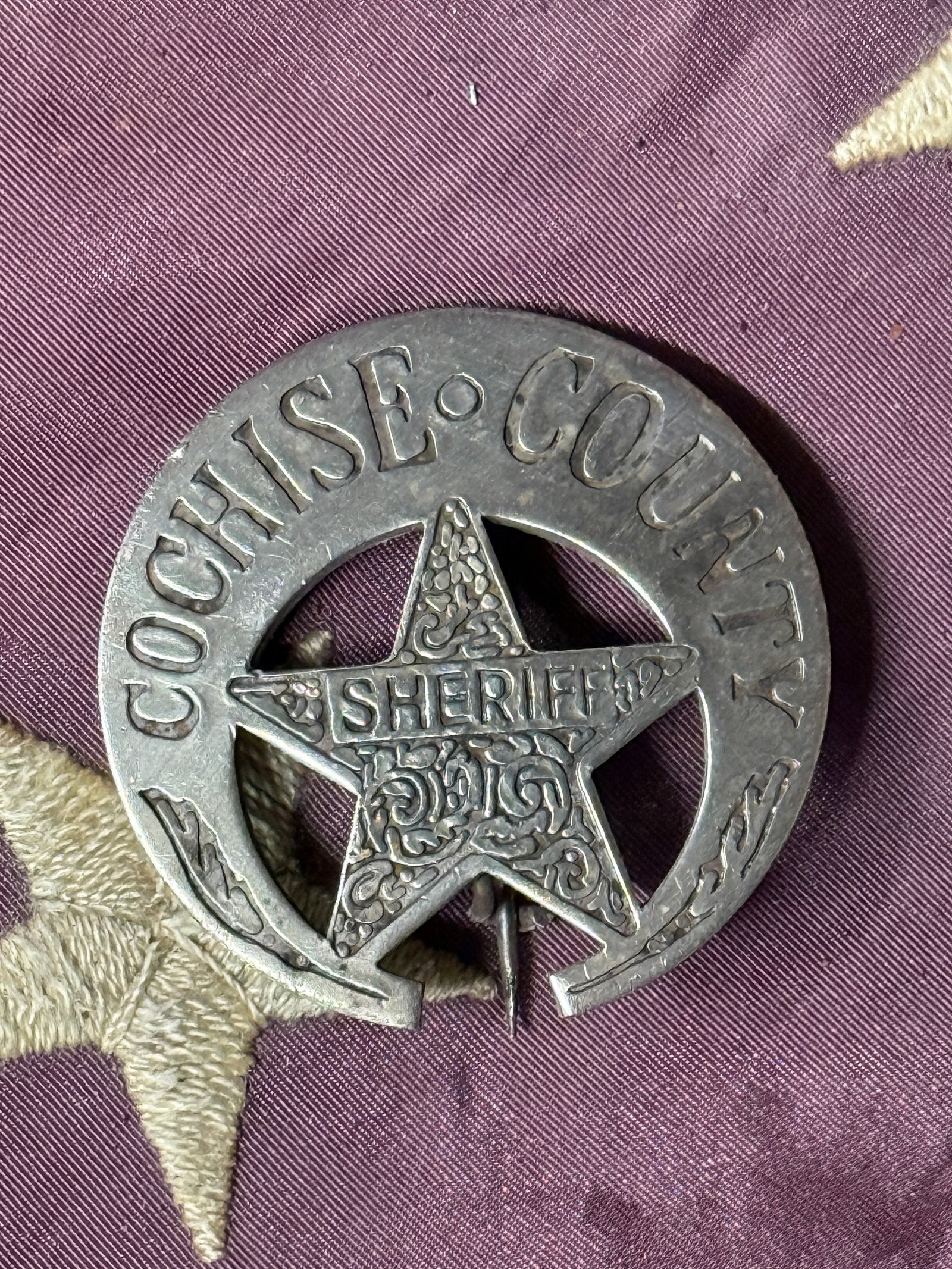 1800'S COCHISE COUNTY SHERIFF BADGE: 1800'S COCHISE COUNTY SHERIFF BADGE. A VERY RARE FIND. IT IS IN MINT OVERALL SHAPE AND CONDITION WITH A BEAUTIFUL OVERALL PATINA. SHOWS GOOD WEAR AND USE WITH AN EVEN PATINA THROUGHOUT. PLEASE VIEW AL