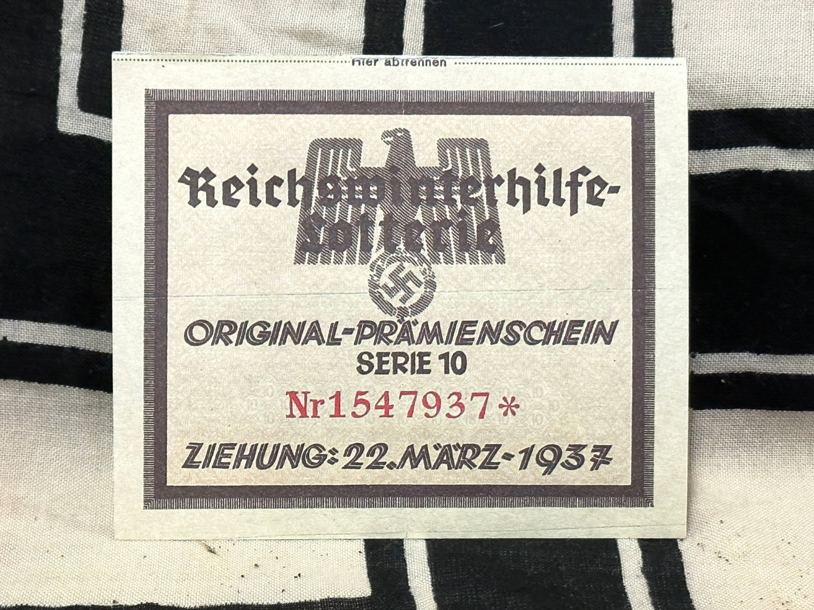 WW2 GERMAN 1937 REICHSWINTERHILFE-LOTTERIE BILL: WW2 GERMAN 1937 REICHSWINTERHILFE-LOTTERIE BILL