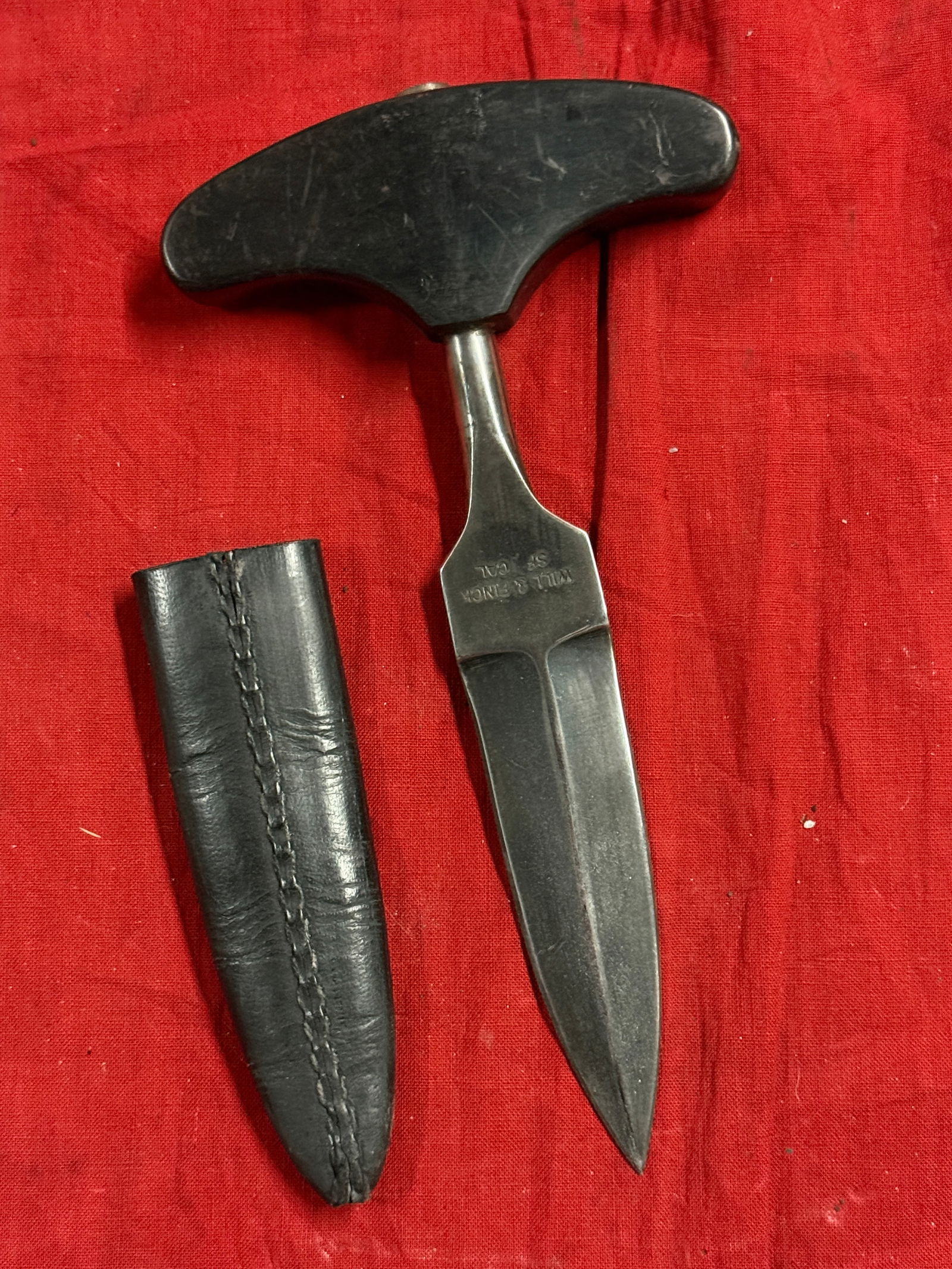 ANTIQUE 1800'S WILL & FINCK SF. CAL PUSH DAGGER WITH SHEATH: ANTIQUE 1800'S WILL & FINCK SF. CAL PUSH DAGGER WITH SHEATH. AN ULTRA RARE FIND THAT IS IN MINT OVERALL SHAPE AND CONDITION WITH A BEAUTIFUL OVERALL PATINA. HAS A GREAT LOOK TO IT WITH AN EXCELLENT OV