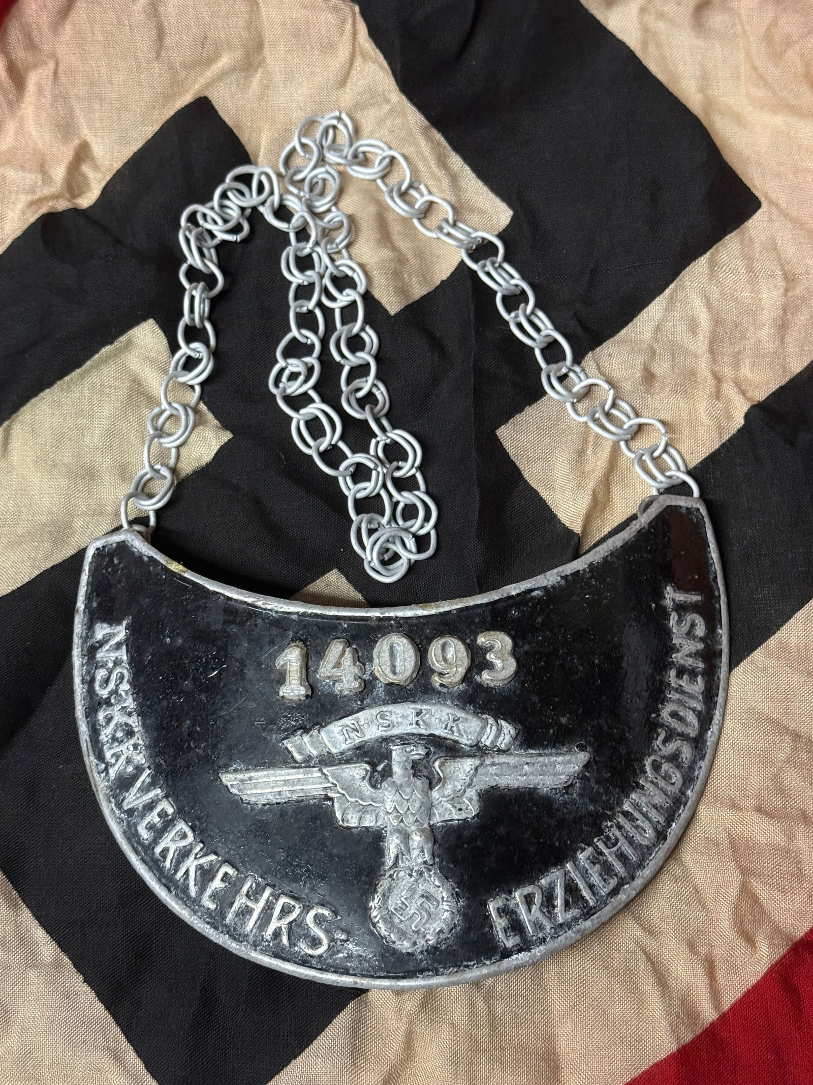 RARE WW2 GERMAN NSKK TRAFFIC CONTROL GORGET: RARE WW2 GERMAN NSKK TRAFFIC CONTROL GORGET. A VERY RARE FIND. IT IS IN MINT OVERALL SHAPE AND CONDITION WITH A BEAUTIFUL OVERALL PATINA. IN EXTREMELY WELL USED CONDITION. PLEASE VIEW ALL DETAILED PIC