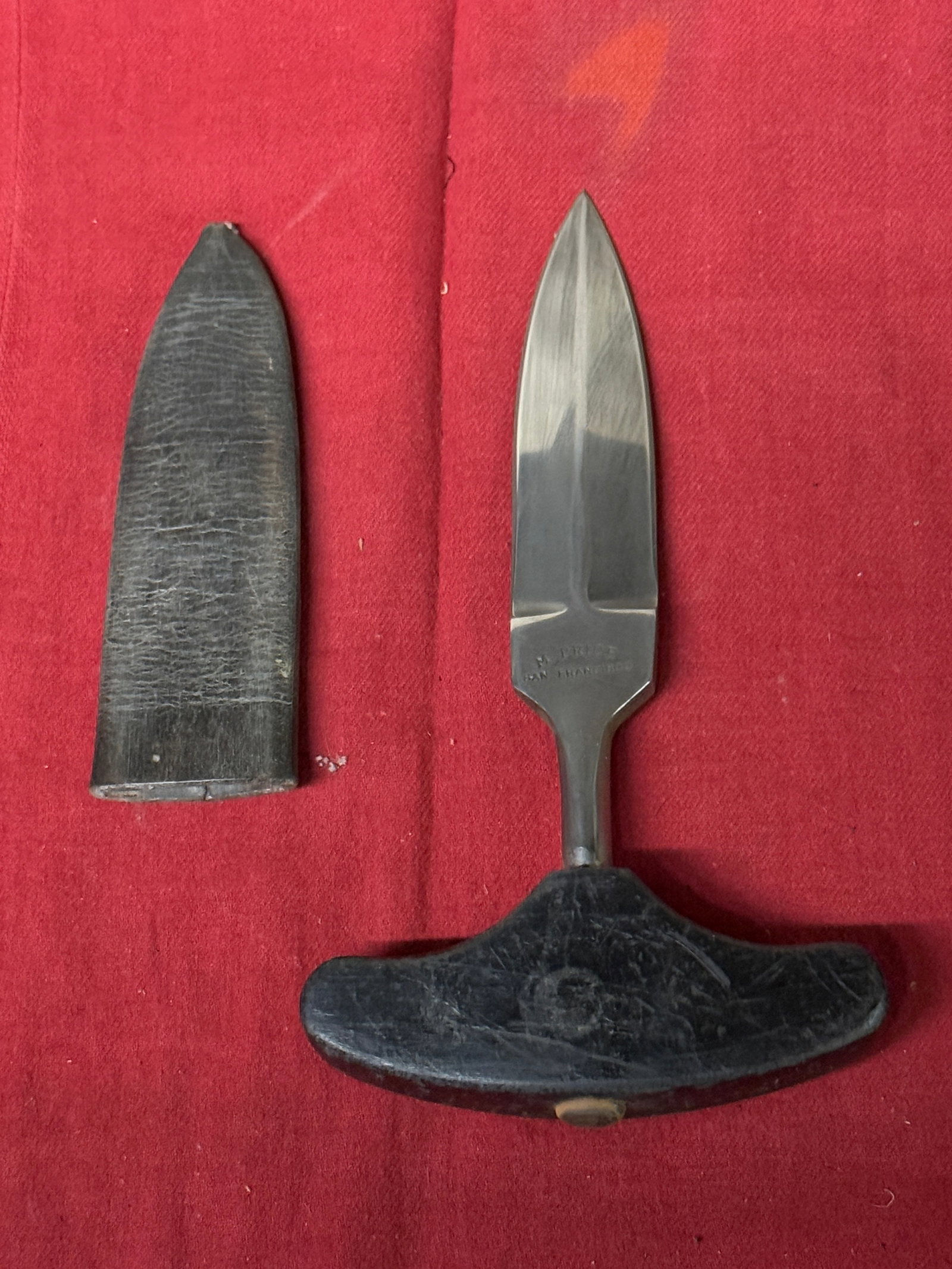 AUTHENTIC 1800'S M. PRICE SAN FRANCISCO PUSH DAGGER WITH SHEATH: AUTHENTIC 1800'S M. PRICE SAN FRANCISCO PUSH DAGGER WITH SHEATH. AN ULTRA RARE FIND THAT IS IN MINT OVERALL SHAPE AND CONDITION WITH A BEAUTIFUL OVERALL PATINA. HAS A GREAT LOOK TO IT WITH AN EXCELLEN
