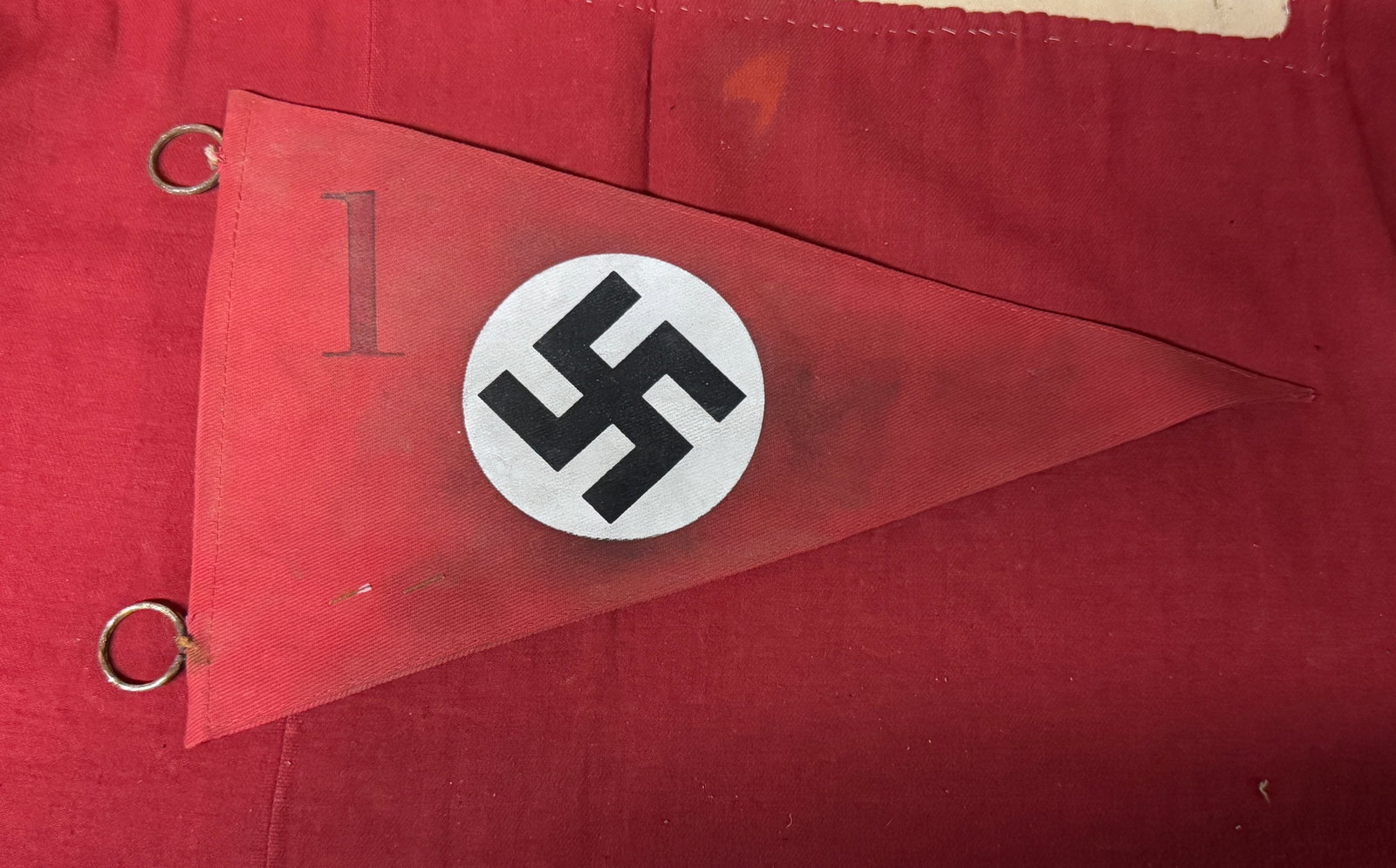RARE WW2 GERMAN VEHICLE PENNANT: RARE WW2 GERMAN VEHICLE PENNANT. A RARE FIND. SHOWS GOOD WEAR AND USE WITH A BEAUTIFUL OVERALL PATINA. MARKED #1 FOR DIVISION UNIT NUMBER. PLEASE VIEW ALL DETAILED PICTURES. A RARE FIND.