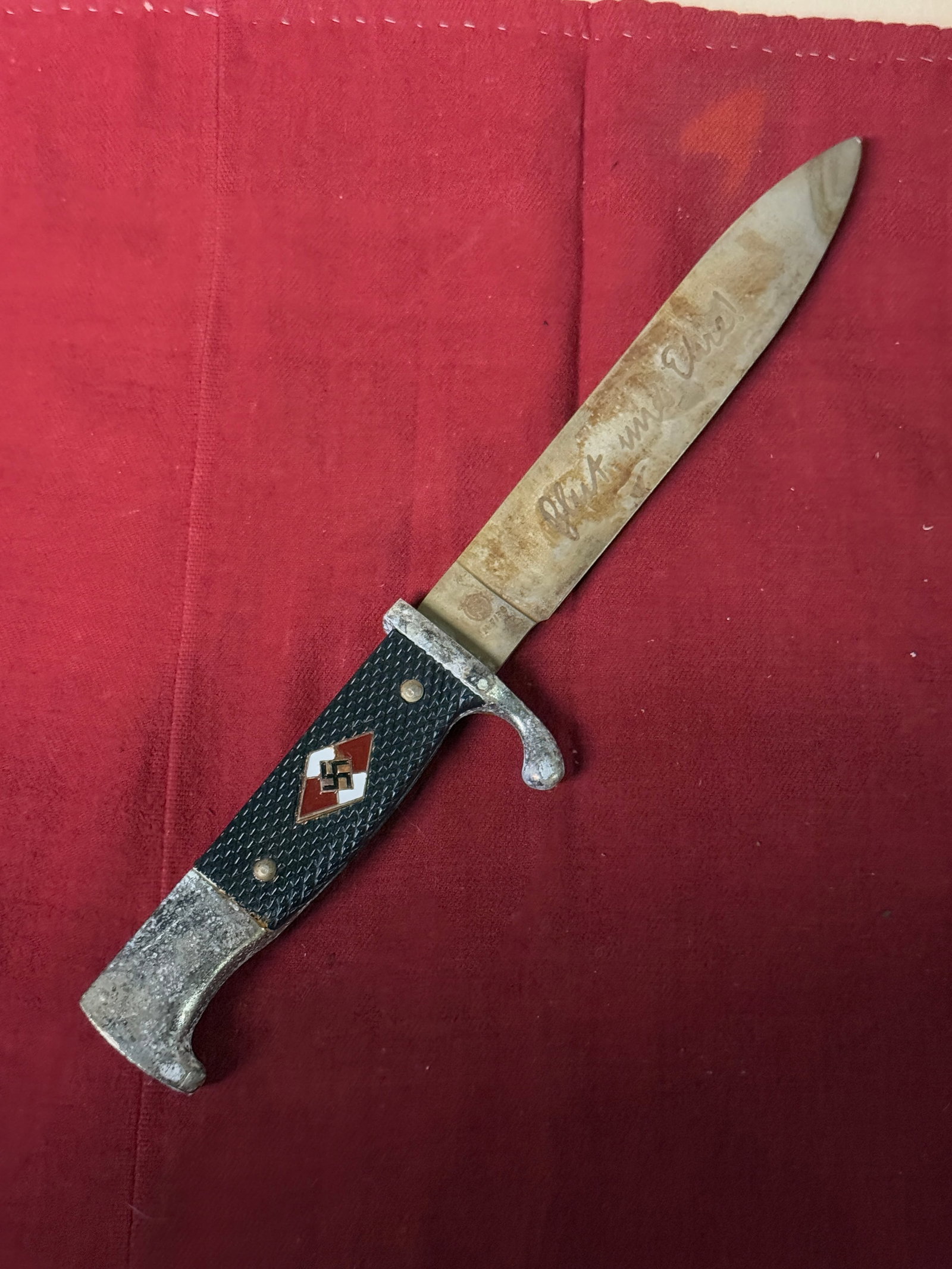 WW2 GERMAN HITLER YOUTH DAGGER "BLUT UND EHRE" ENGRAVED BY M7/38 RZM: WW2 GERMAN HITLER YOUTH DAGGER "BLUT UND EHRE" ENGRAVED BY M7/38 RZM. A VERY RARE FIND. SHOWS GOOD WEAR AND USE WITH A BEAUTIFUL OVERALL PATINA. APPEARS TO BE WELL USED DURING SERVICE. PLEASE VIEW ALL