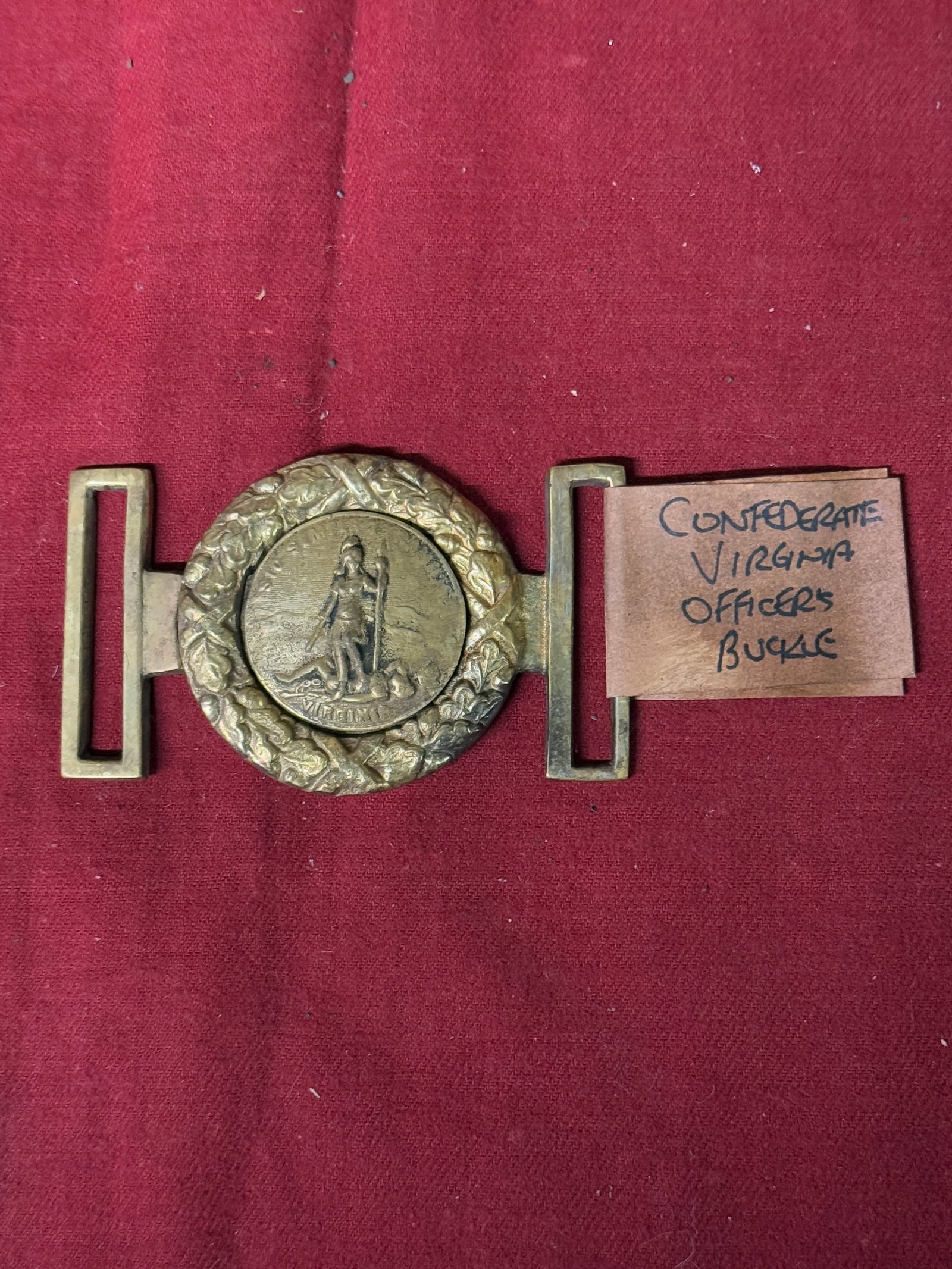 RARE CIVIL WAR CONFEDERATE CSA VIRGINIA OFFICER'S BUCKLE (2-PIECE MODEL): RARE CIVIL WAR CONFEDERATE CSA VIRGINIA OFFICER'S BUCKLE (2-PIECE MODEL). A RARE FIND THAT IS IN MINT OVERALL SHAPE AND CONDITION WITH A BEAUTIFUL OVERALL PATINA. HAS A GREAT LOOK TO IT WITH AN EXCELL