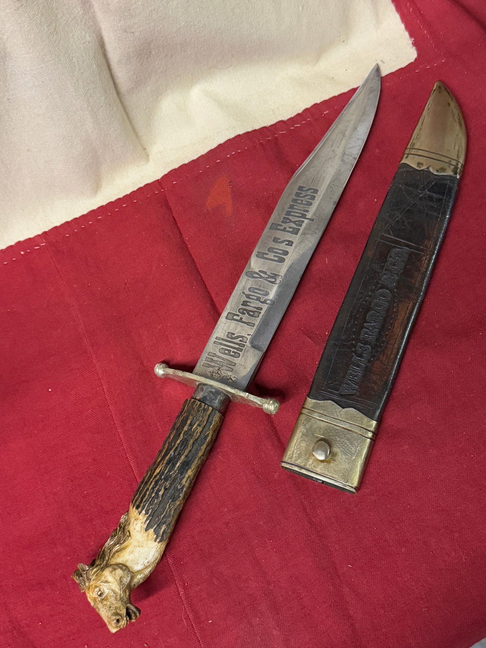 CIVIL WAR WELLS FARGO & CO'S EXPRESS BOWIE KNIFE BY M.J. HAYES & SON S.F. WITH HORSE HEAD ENGRAVED: CIVIL WAR WELLS FARGO & CO'S EXPRESS BOWIE KNIFE BY M.J. HAYES & SON S.F. WITH HORSE HEAD ENGRAVED HANDLE. THIS IS A VERY UNIQUE AND VERY SOUGHT AFTER BOWIE KNIFE BY COLLECTOR'S AND DEALERS. SHOWS GOO