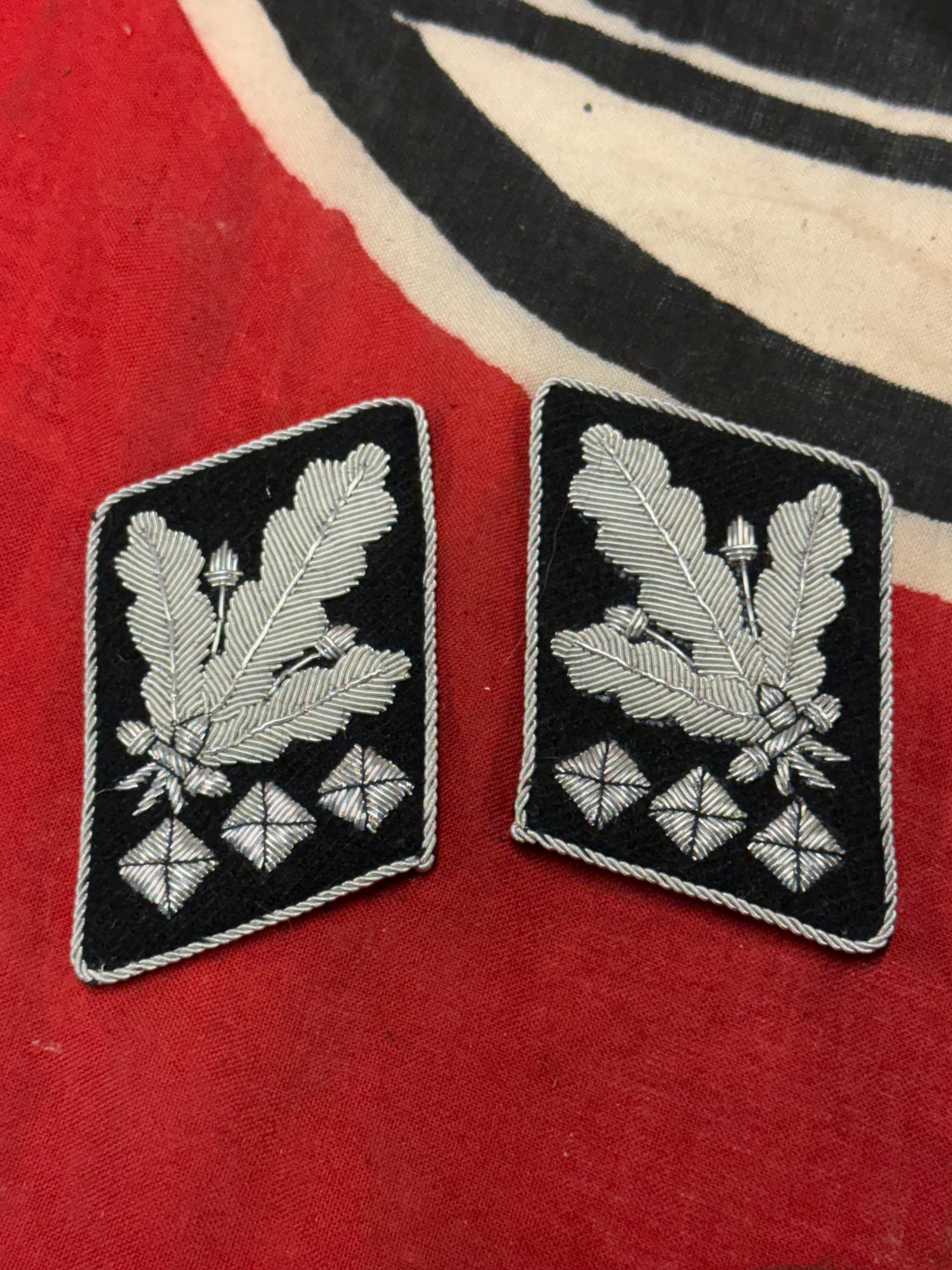 WW2 German Waffen-SS Oberstgruppenführer Collar Tabs Boards: WW2 German Waffen-SS Oberstgruppenführer Collar Tabs Boards. A RARE FIND. SHOWS GOOD WEAR AND USE WITH A BEAUTIFUL OVERALL PATINA. PERIOD WEAR AND USE. PLEASE VIEW ALL DETAILED PICTURES. A RARE FIND.