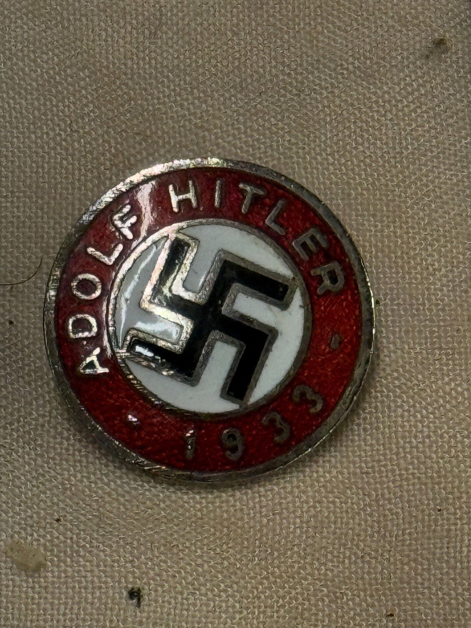 WW2 GERMAN ADOLF HITLER 1933 LAPEL ENAMELED PIN BADGE BY GES. GESCH.: WW2 GERMAN ADOLF HITLER 1933 LAPEL ENAMELED PIN BADGE BY GES. GESCH. A VERY RARE EXAMPLE THAT IS IN MINT OVERALL SHAPE AND CONDITION WITH A BEAUTIFUL OVERALL PATINA. SHOWS GOOD WEAR AND USE. PLEASE VI