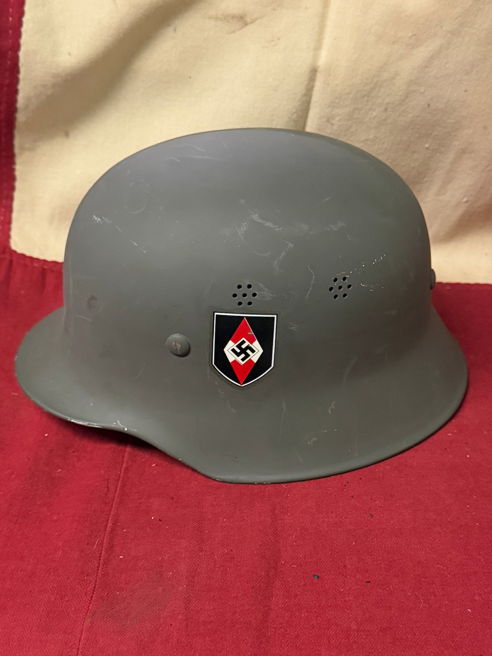 WW2 GERMAN HITLER YOUTH OFFICER HELMET MARKED1940 LS: WW2 GERMAN HITLER YOUTH OFFICER HELMET MARKED1940 LS . A VERY RARE DOUBLE DECAL HELMET THAT IS IN MINT OVERALL SHAPE AND CONDITION WITH A BEAUTIFUL OVERALL PATINA. PLEASE VIEW ALL DETAILED PICTURES. A