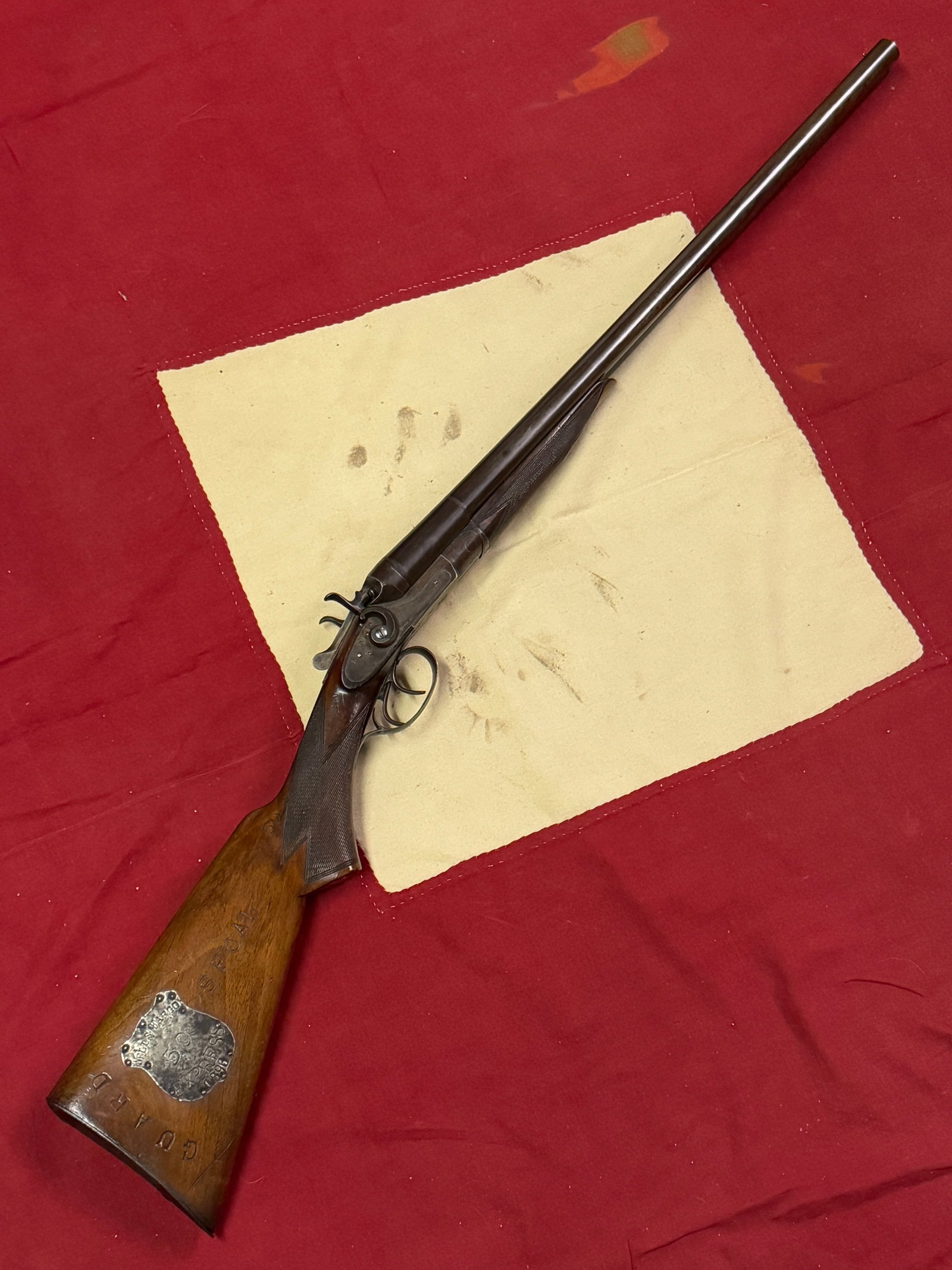 1896 WELLS FARGO EXPRESS #50 ID'D GUARD SHOT GUN: 1896 WELLS FARGO EXPRESS #50 ID'D GUARD SHOT GUN. ONE OF A KIND FIND THAT IS IN MINT OVERALL SHAPE AND CONDITION WITH A BEAUTIFUL OVERALL PATINA. HAS THE WELLS FARGO MARKINGS WITH ARMS # 50 WELLS FARG