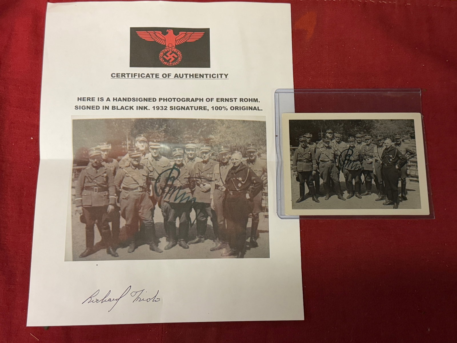 WW2 GERMAN HAND-SIGNED PHOTOGRAPH OF ERNST ROHM WICH CERTIFICATION COA: WW2 GERMAN HAND-SIGNED PHOTOGRAPH OF ERNST ROHM WICH CERTIFICATION COA. A VERY RARE AUTHENTIC SIGNATURE SIGNED BY ERNST ROHN IN BLACK INK. 1932 SIGNATURE AND 100% ORIGINAL. A VERY RARE FIND.
