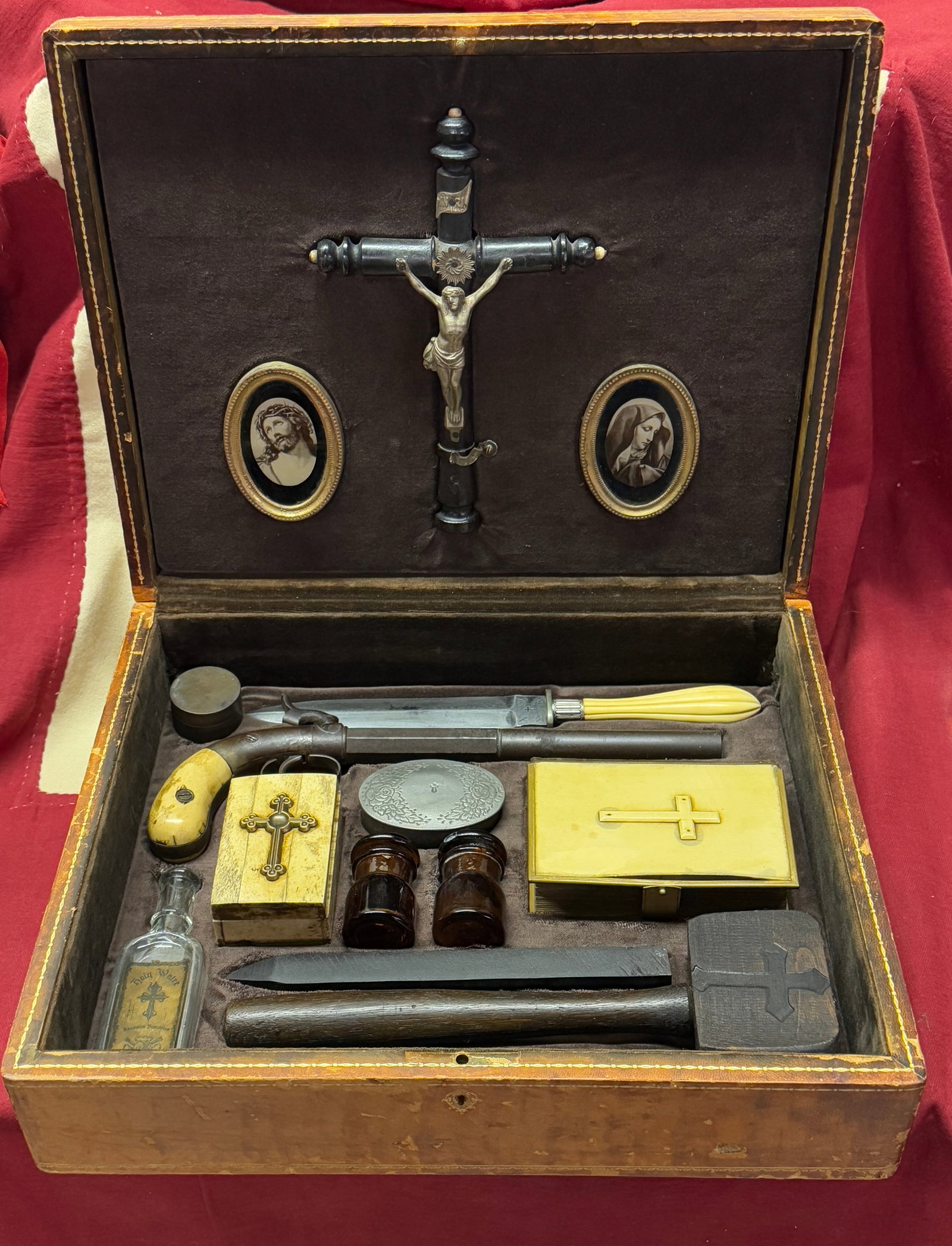 AUTHENTIC CASED 1800'S VAMPIRE SLAYING KIT WITH 15 PIECES: AUTHENTIC CASED 1800'S VAMPIRE SLAYING KIT WITH 15 PIECES. THIS SET COMES FROM A HIGH END COLLECTION. FEAUTURING A BONE GRIP HANDLE LONG PISTOL MADE BY ALLEN & WHEELOCK, A VERY RARE BONE HANDLE DAGGER