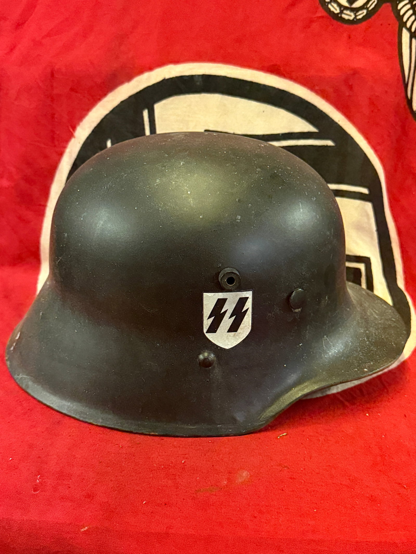 RARE WW2 GERMAN DOUBLE DECAL WAFFEN-SS COMBAT HELMET: RARE WW2 GERMAN DOUBLE DECAL WAFFEN-SS COMBAT HELMET. AN ULTRA RARE FIND THAT IS IN MINT OVERALL SHAPE AND CONDITION WITH A BEAUTIFUL OVERALL PATINA. SHOWS GOOD WEAR AND USE. DOUBLE DECAL HELMET THAT 