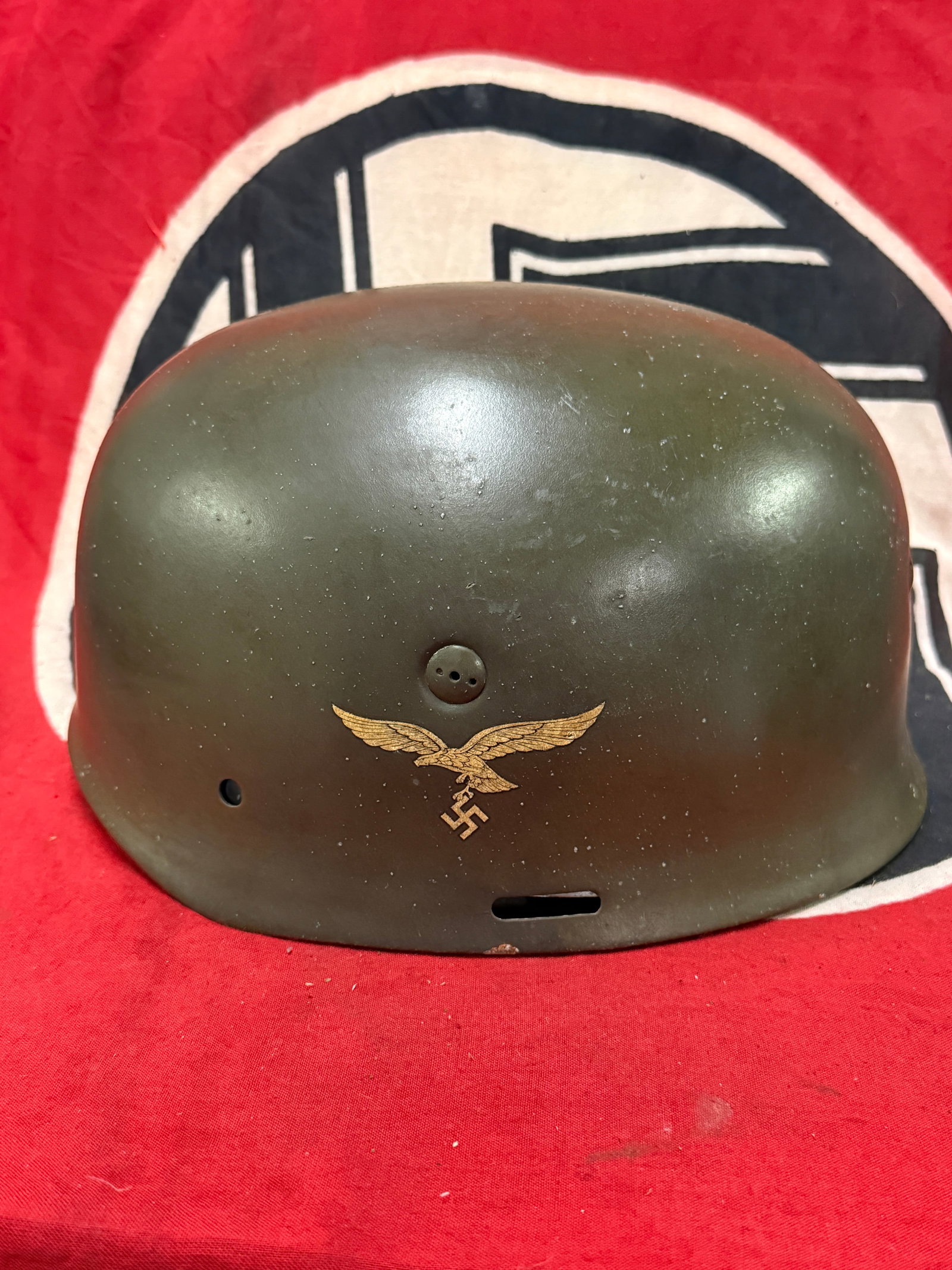 WW2 GERMAN DOUBLE DECAL LUFTWAFFE PARATROOPER HELMET - MAKER MARKED: WW2 GERMAN DOUBLE DECAL LUFTWAFFE PARATROOPER HELMET - MAKER MARKED. AN ULTRA RARE FIND THAT IS IN MINT OVERALL SHAPE AND CONDITION WITH A BEAUTIFUL OVERALL PATINA. HAS THE MAKER MARK STAMP ON THE INS