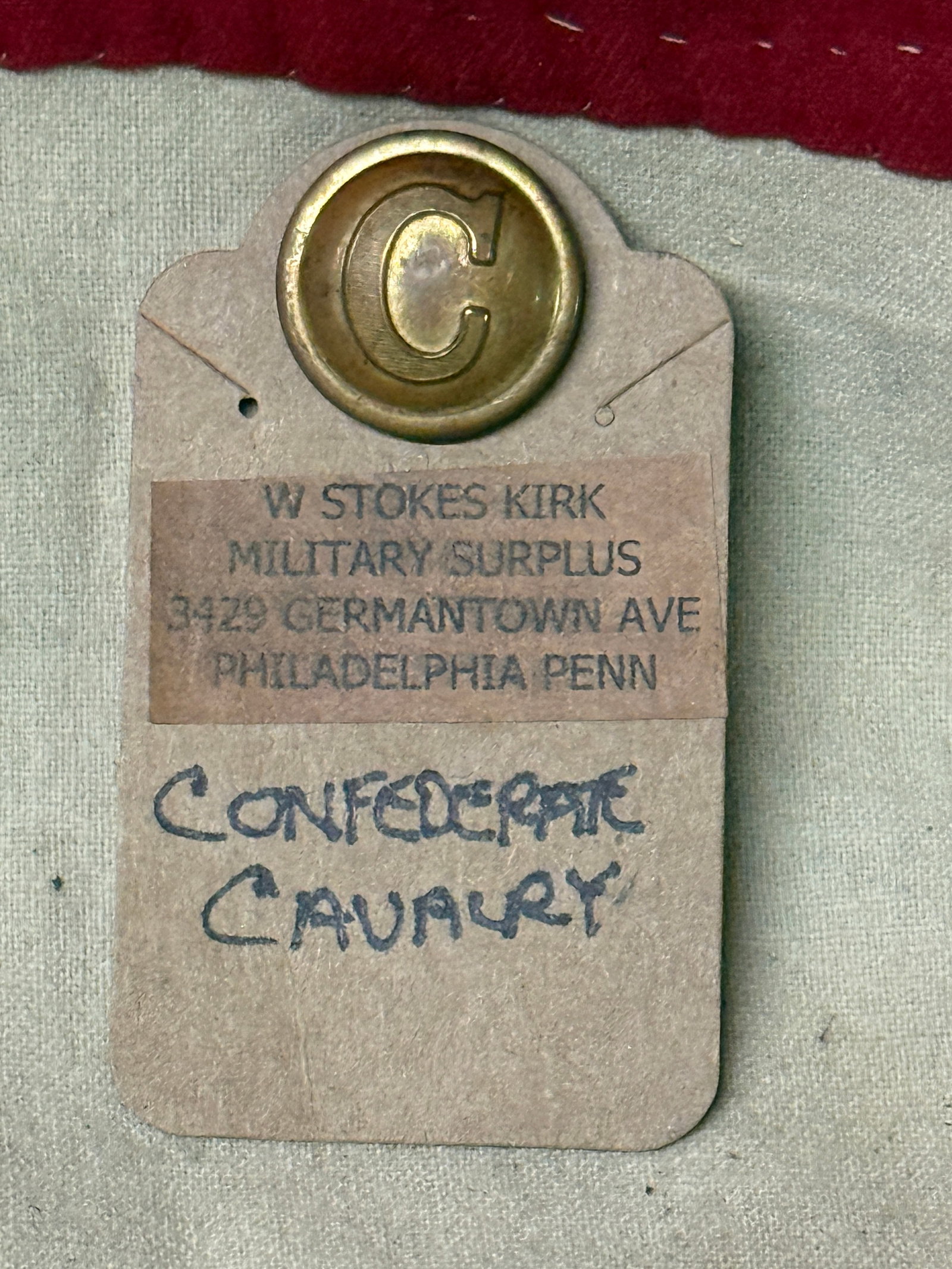 CIVIL WAR CONFEDERATE CAVALRY "C" BUTTON BY W. STOKES KIRK: CIVIL WAR CONFEDERATE CAVALRY "C" BUTTON BY W. STOKES KIRK. A VERY RARE FIND. SHOWS GOOD WEAR AND USE WITH A BEAUTIFUL OVERALL PATINA. HAS A GREAT LOOK TO IT WITH AN EXCELLENT OVERALL EYE APPEAL. PLEA