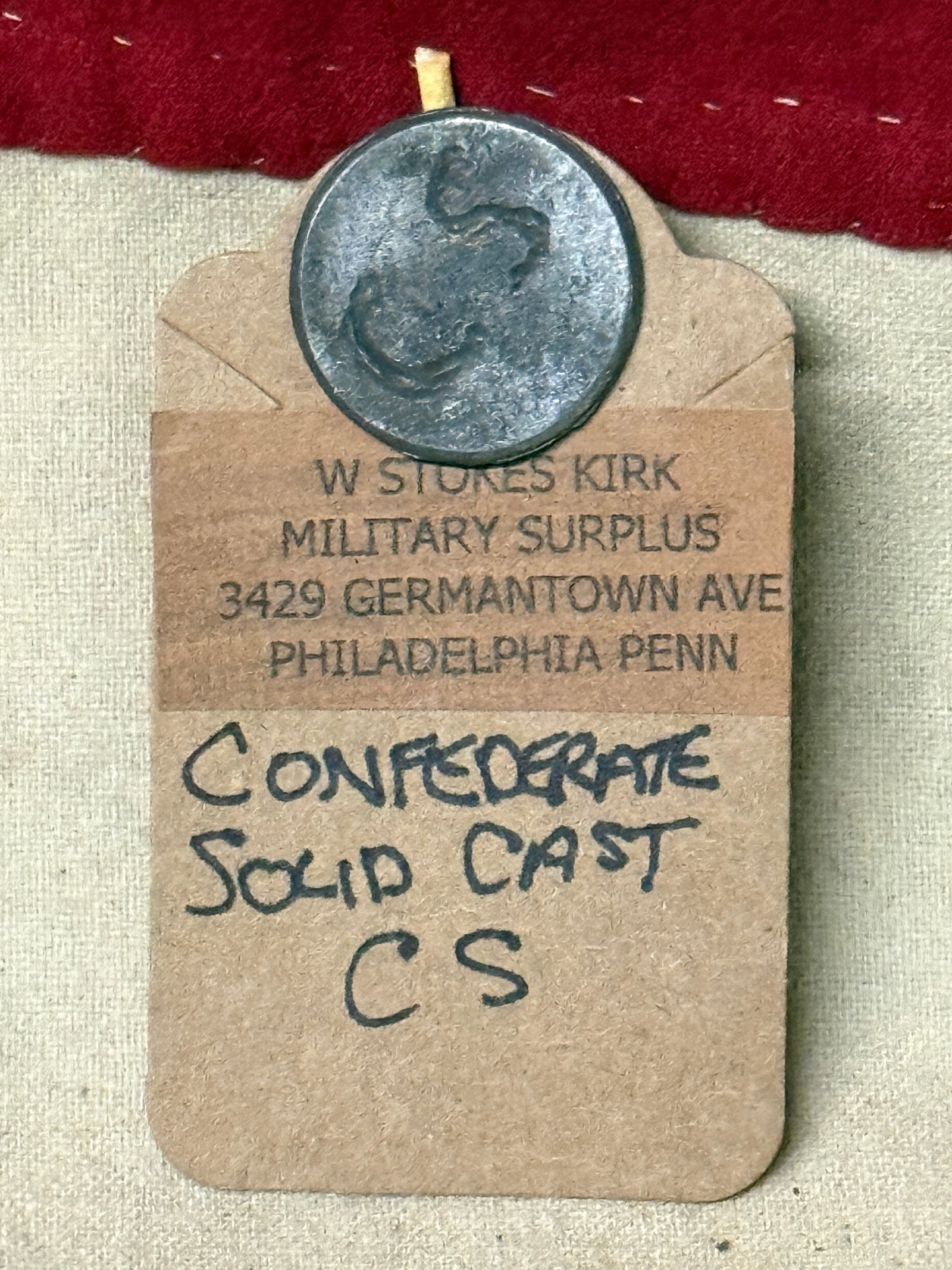 CIVIL WAR CONFEDERATE SOLID CASE C.S. BUTTON BY W. STOKES KIRK: CIVIL WAR CONFEDERATE SOLID CASE C.S. BUTTON BY W. STOKES KIRK. A RARE FIND. SHOWS GOOD WEAR AND USE WITH A BEAUTIFUL OVERALL PATINA. HAS A GREAT LOOK TO IT WITH AN ECELLENT OVERALL EYE APPEAL. PLEASE
