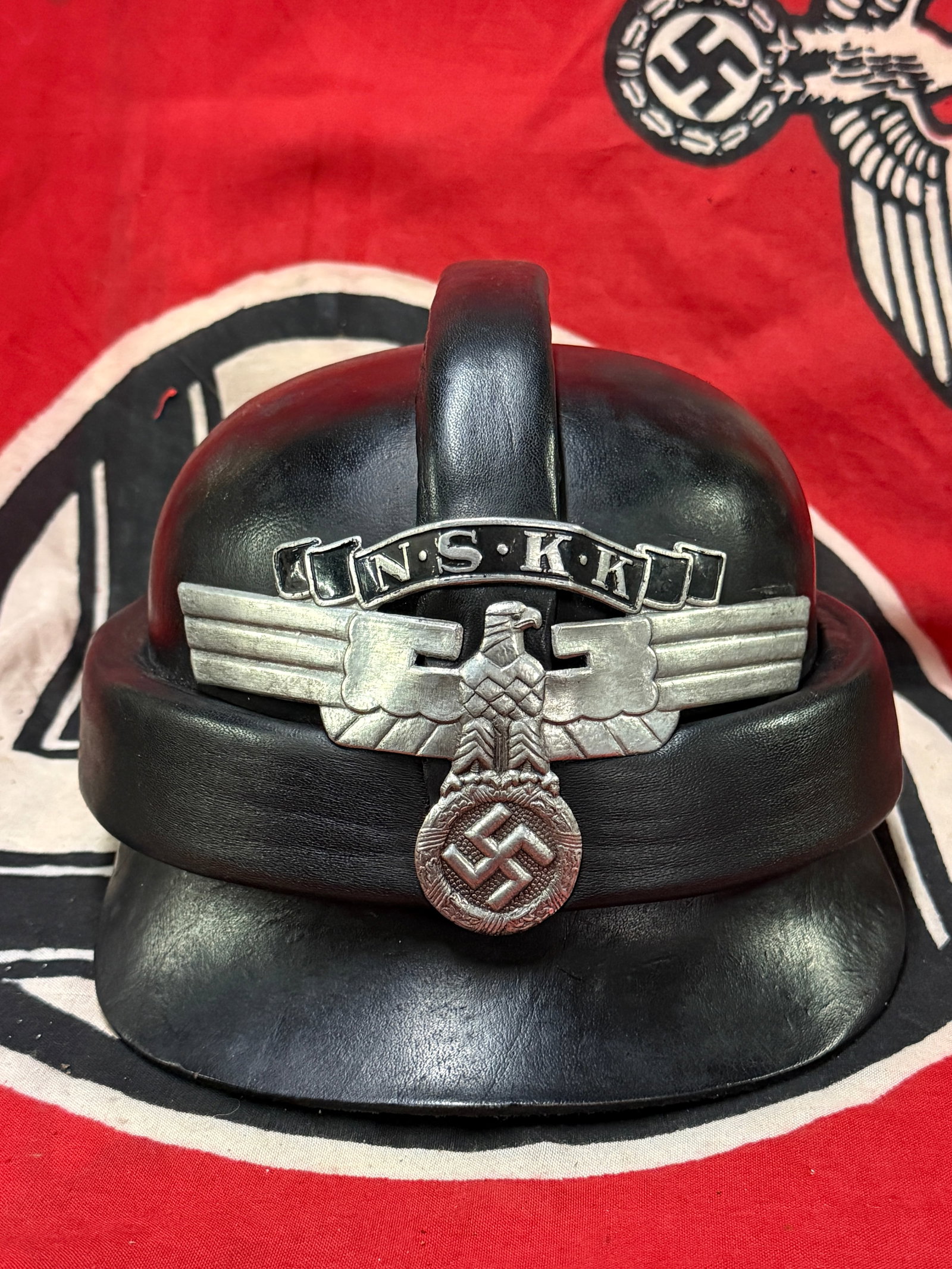 WW2 GERMAN NSKK Second Pattern Crash Helmet With Maker Marks: WW2 GERMAN NSKK Second Pattern Crash Helmet With Maker Marks. An ultra rare find that is in mint overall shape and condition with a beautiful overall patina. Shows good wear and use. Comes from a high