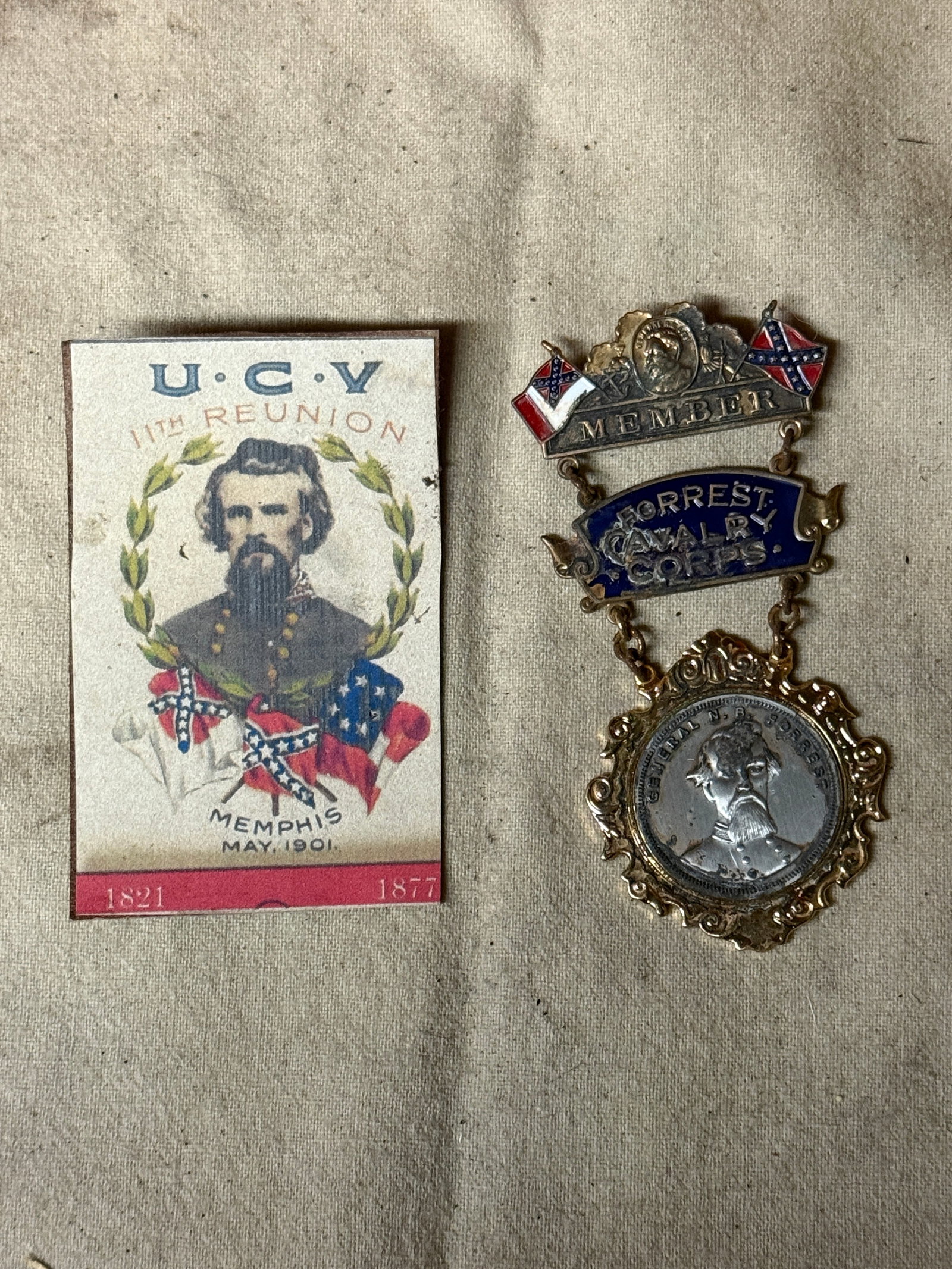 CIVIL WAR GEN. FORREST CAVALRY CORPS MEDAL WITH UCV REUNION CARD: CIVIL WAR GEN. FORREST CAVALRY CORPS MEDAL WITH UCV REUNION CARD. A RARE FIND. SHOWS GOOD WEAR AND USE WITH A BEAUTIFUL OVERALL PATINA. PLEASE VIEW ALL DETAILED PICTURES. A RARE FIND.