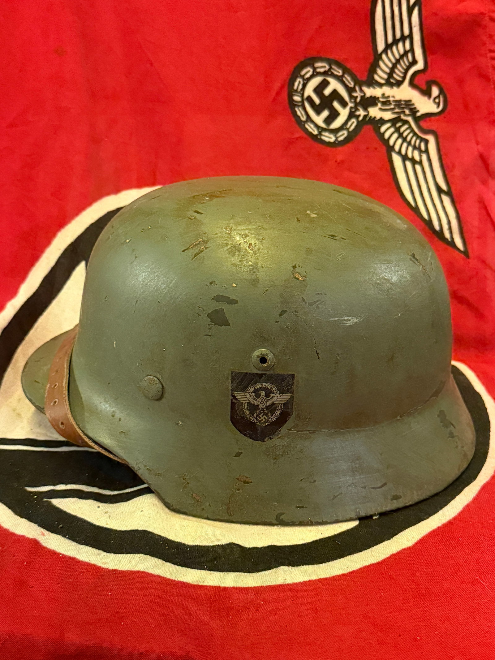 WWII German M1935 Field Police Combat Double Decal Helmet, Complete: WWII German M1935 Field Police Combat Double Decal Helmet, Complete. Shows good wear and use with a beautiful overall patina. Comes with the inside liner. This Double Decal helmet is a rare find for t