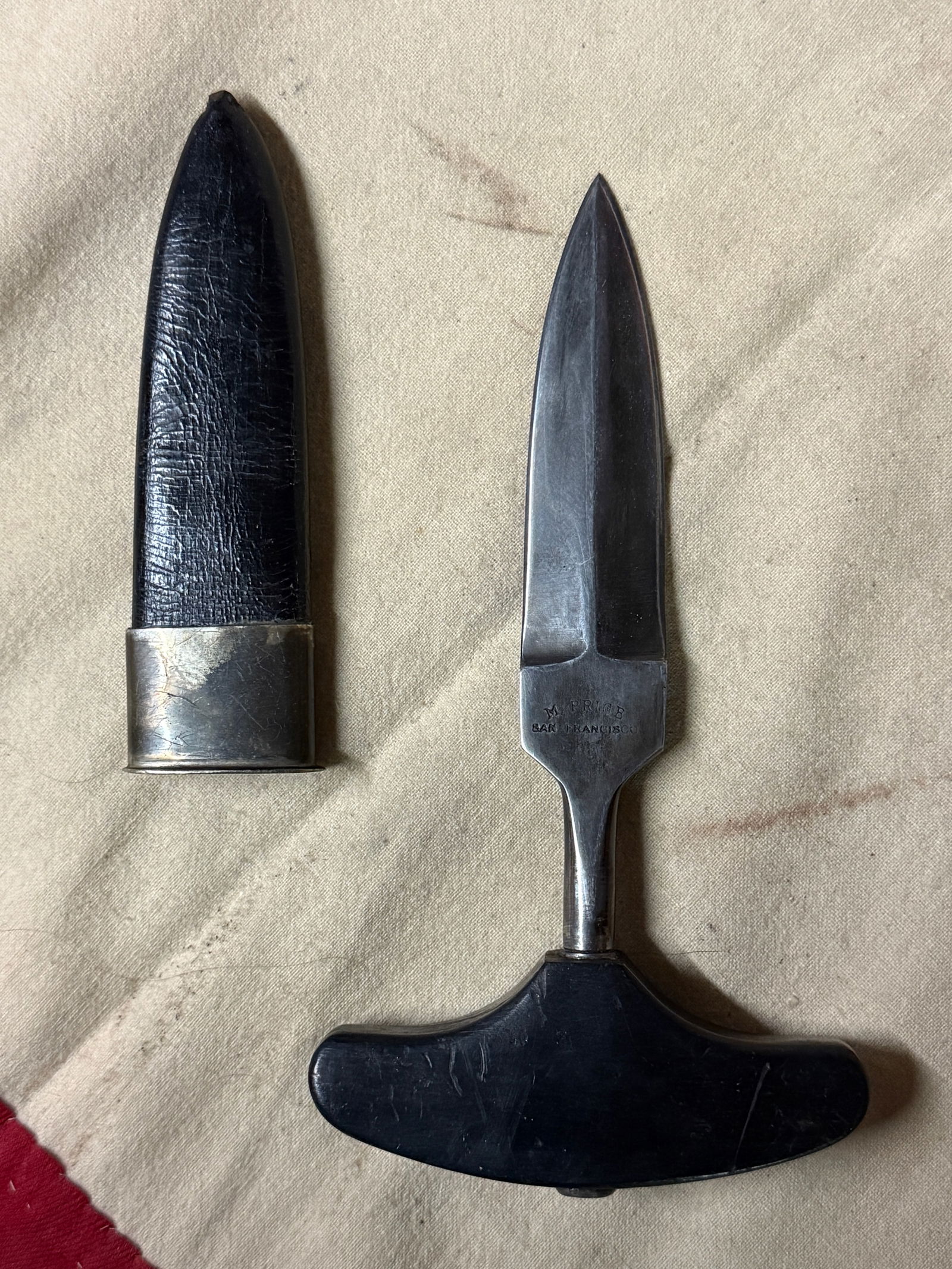 RARE 1800'S DOUBLE EDGED PUSH DAGGER BY M. PRICE SAN FRANCISCO: RARE 1800'S DOUBLE EDGED PUSH DAGGER BY M. PRICE SAN FRANCISCO. AN ULTRA RARE FIND THAT IS IN MINT OVERALL SHAPE AND CONDITION WITH A BEAUTIFUL OVERALL PATINA. HAS A GREAT LOOK TO IT WITH AN EXCELLENT